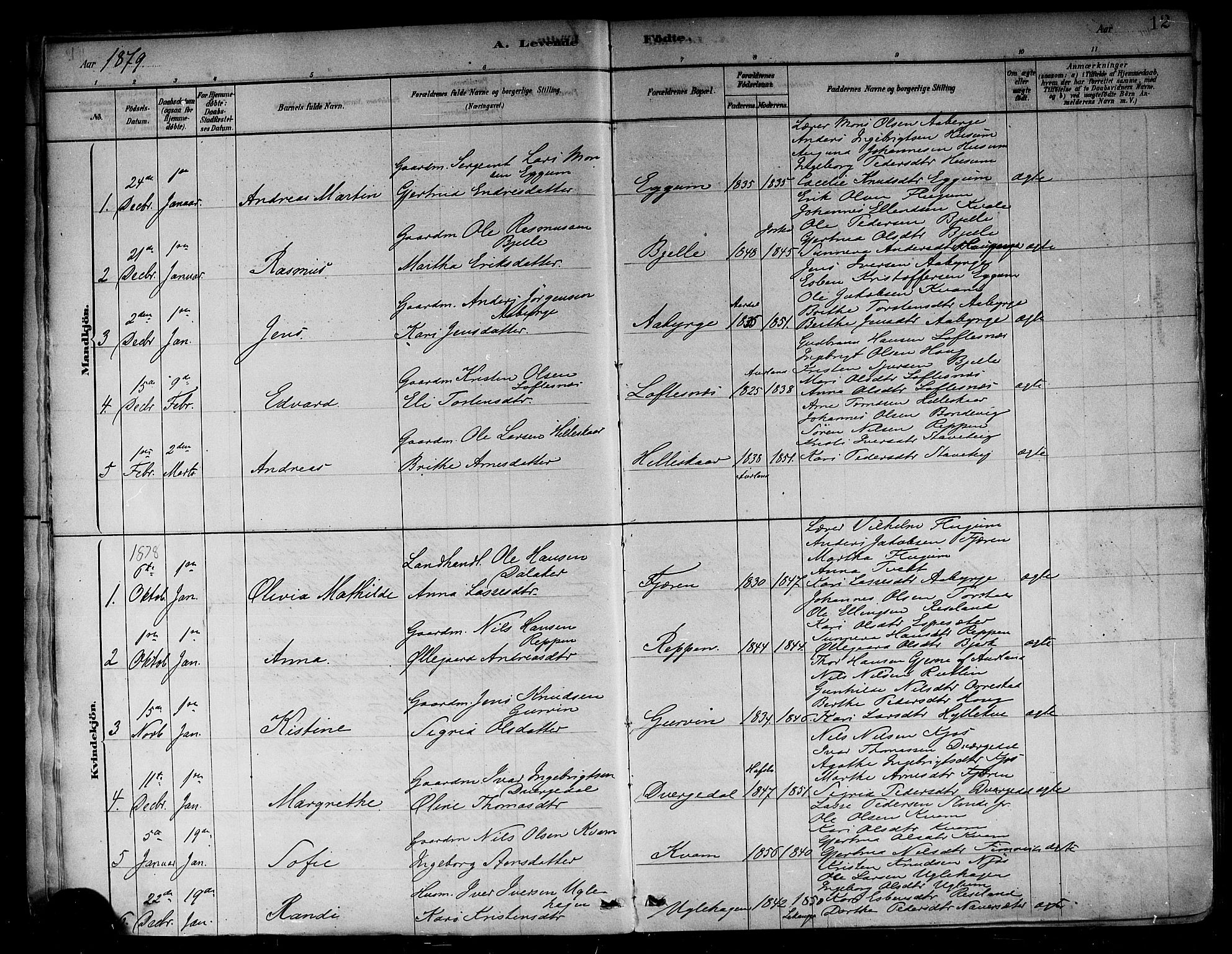 Sogndal sokneprestembete, SAB/A-81301/H/Haa/Haab/L0001: Parish register (official) no. B 1, 1878-1899, p. 12
