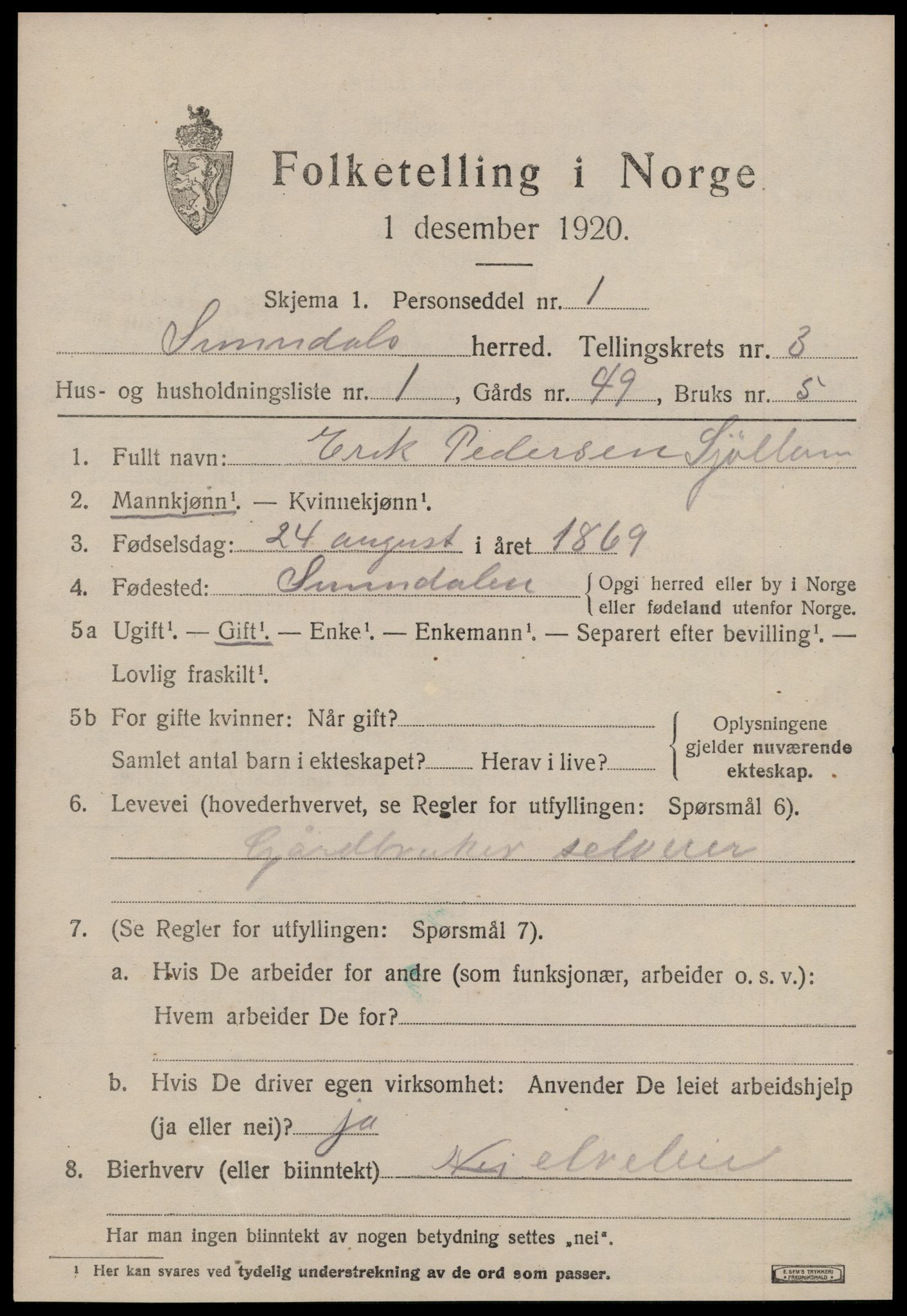 SAT, 1920 census for Sunndal, 1920, p. 1898