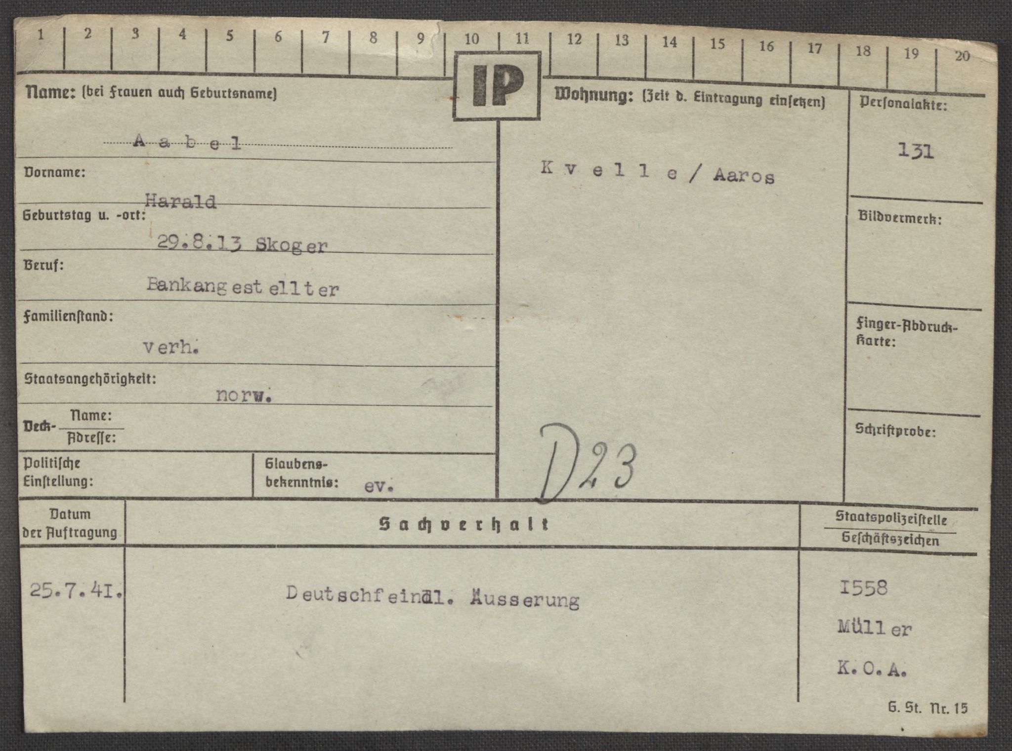 Befehlshaber der Sicherheitspolizei und des SD, AV/RA-RAFA-5969/E/Ea/Eaa/L0010: Register over norske fanger i Møllergata 19: Sø-Å, 1940-1945, p. 1370