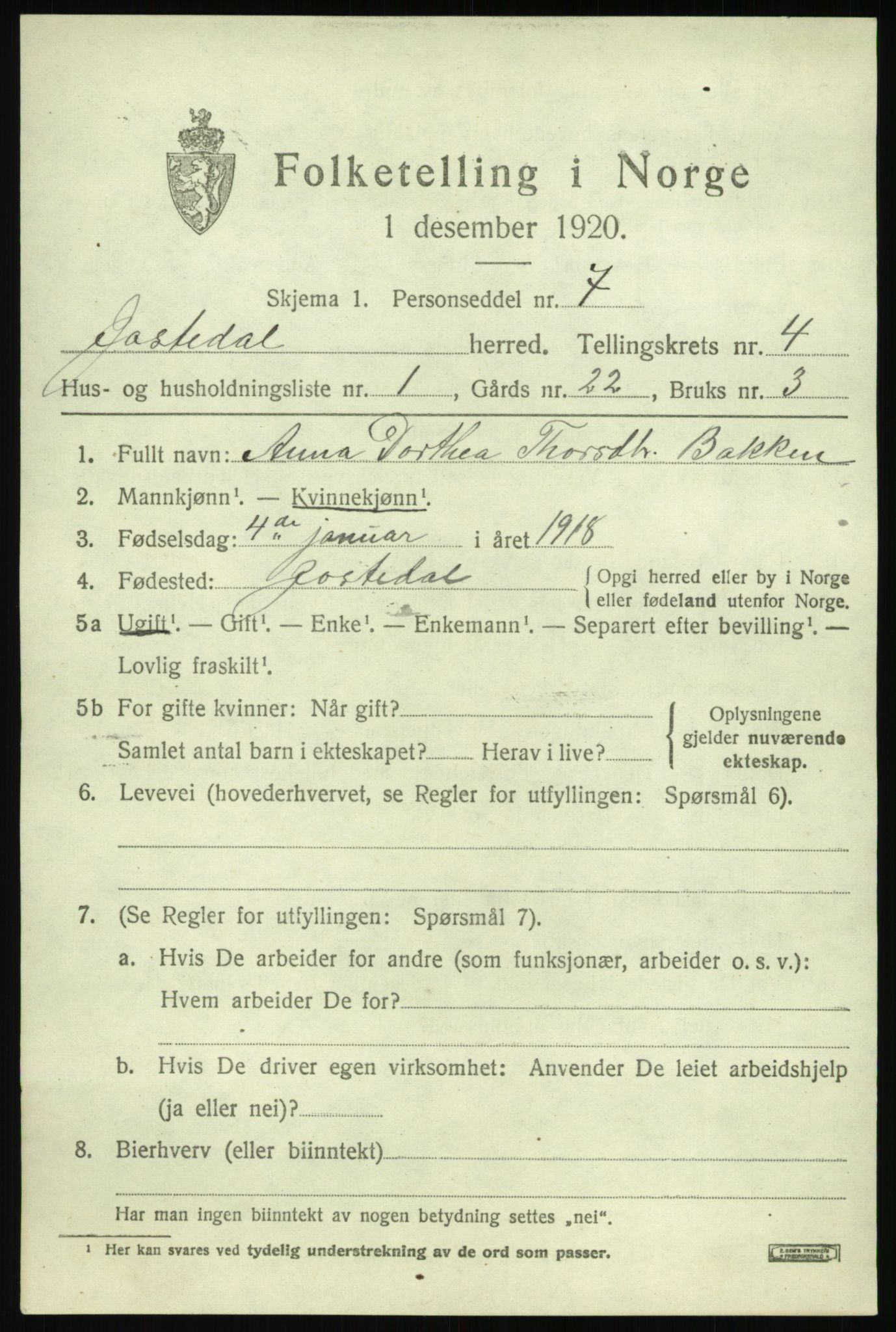 SAB, 1920 census for Jostedal, 1920, p. 1530