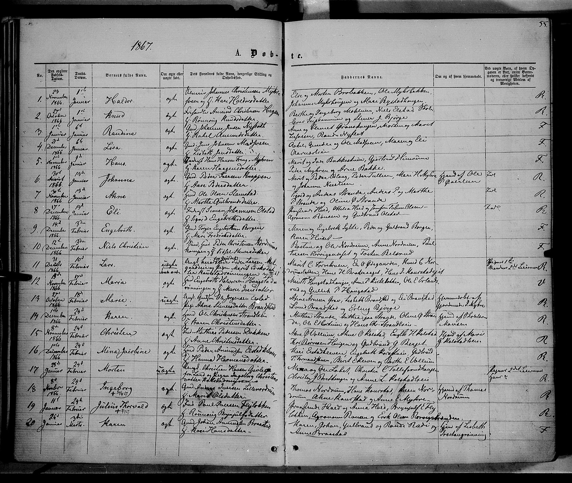 Ringebu prestekontor, SAH/PREST-082/H/Ha/Haa/L0007: Parish register (official) no. 7, 1860-1877, p. 55