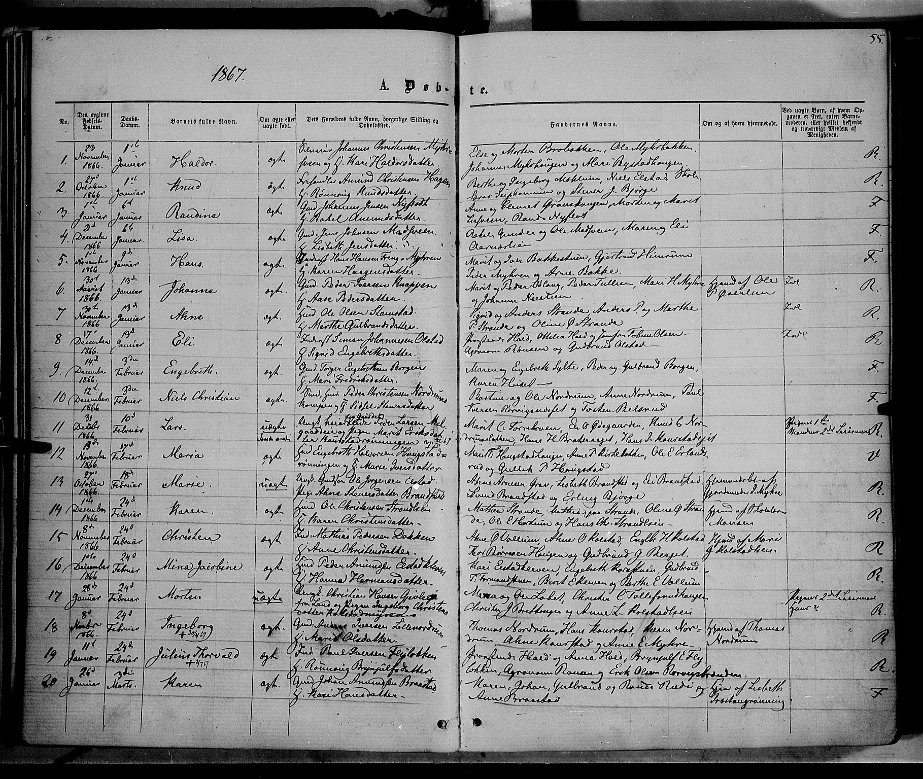 Ringebu prestekontor, AV/SAH-PREST-082/H/Ha/Haa/L0007: Parish register (official) no. 7, 1860-1877, p. 55