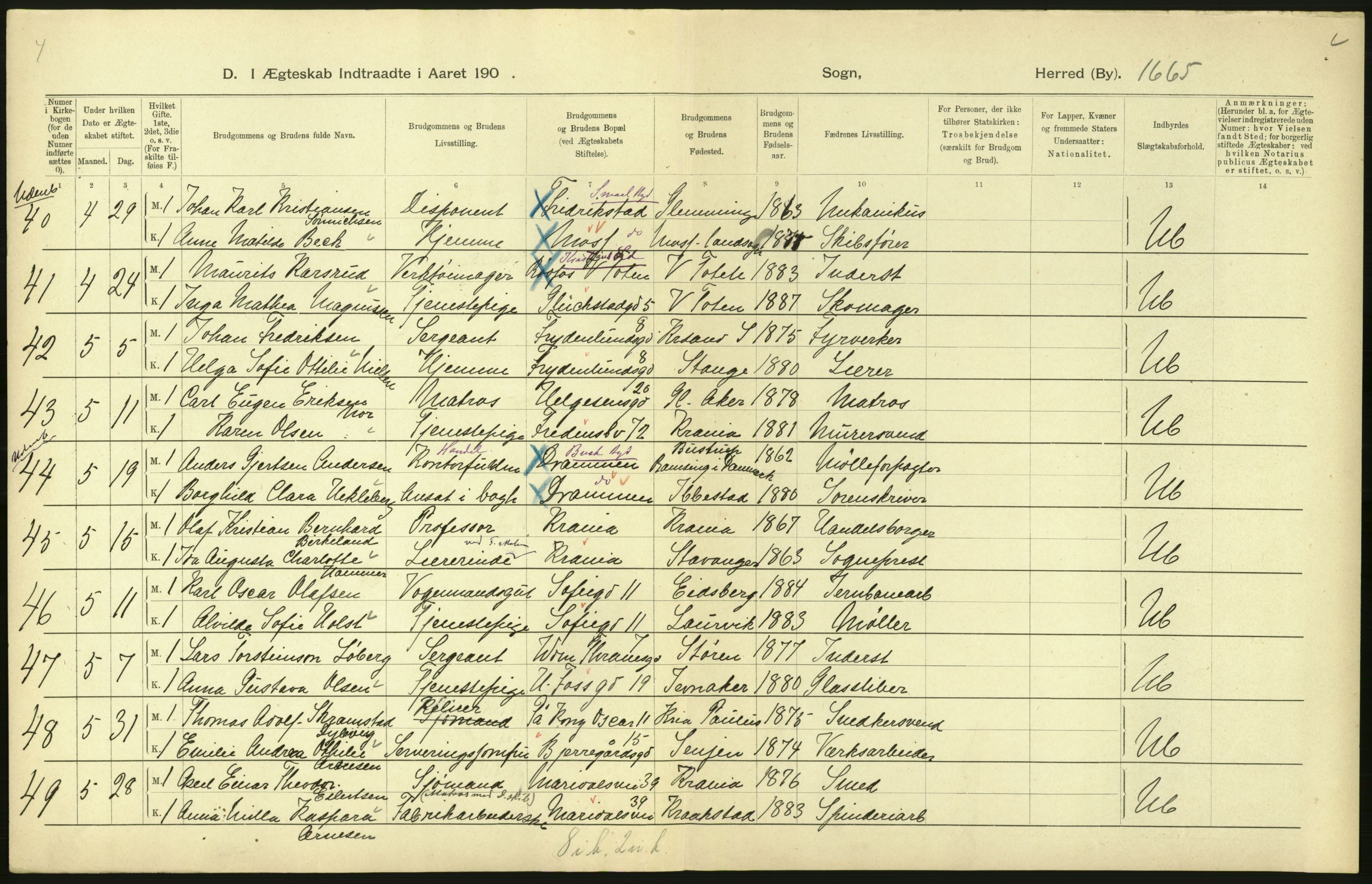 Statistisk sentralbyrå, Sosiodemografiske emner, Befolkning, AV/RA-S-2228/D/Df/Dfa/Dfac/L0007b: Kristiania: Gifte, 1905, p. 18