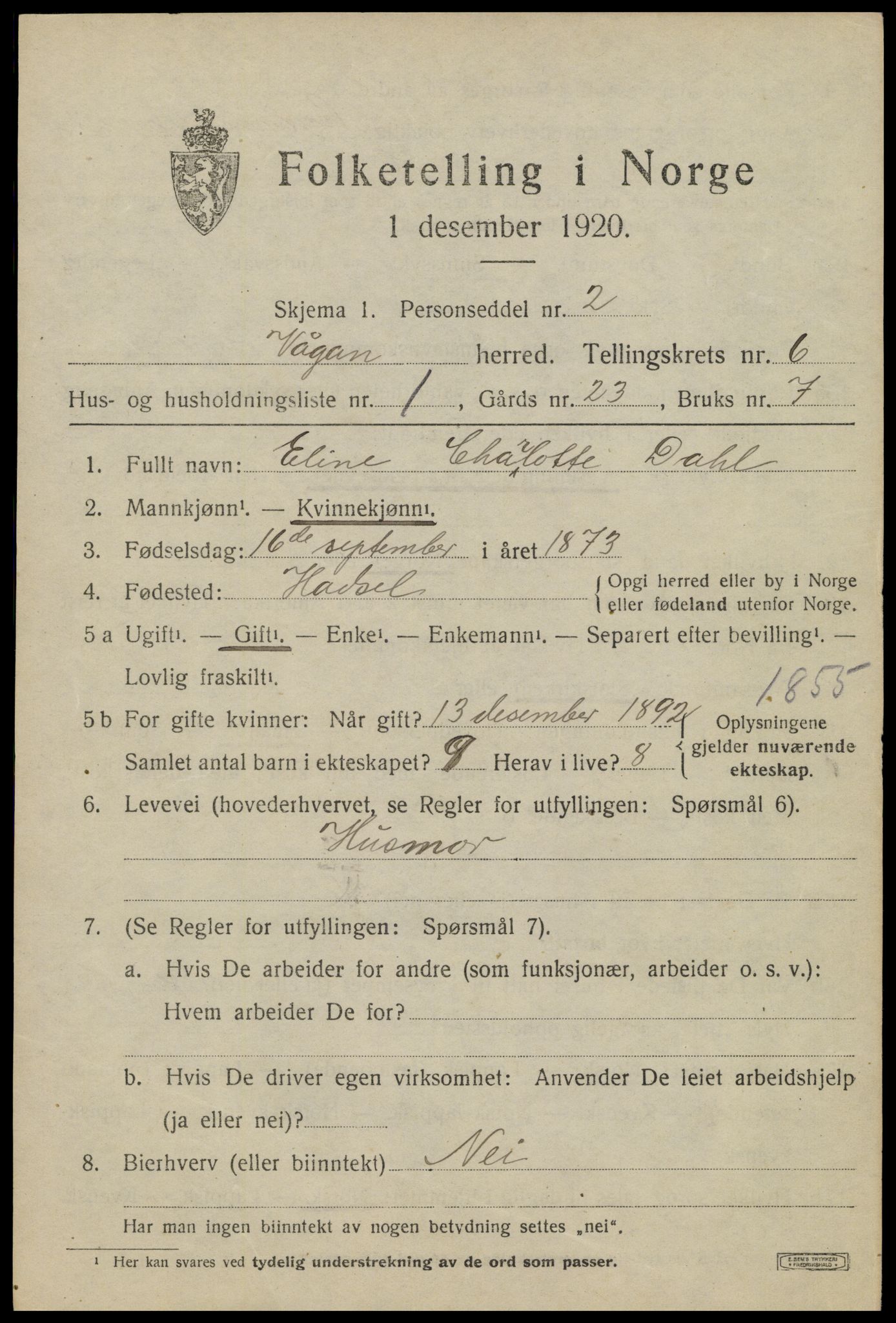 SAT, 1920 census for Vågan, 1920, p. 6143