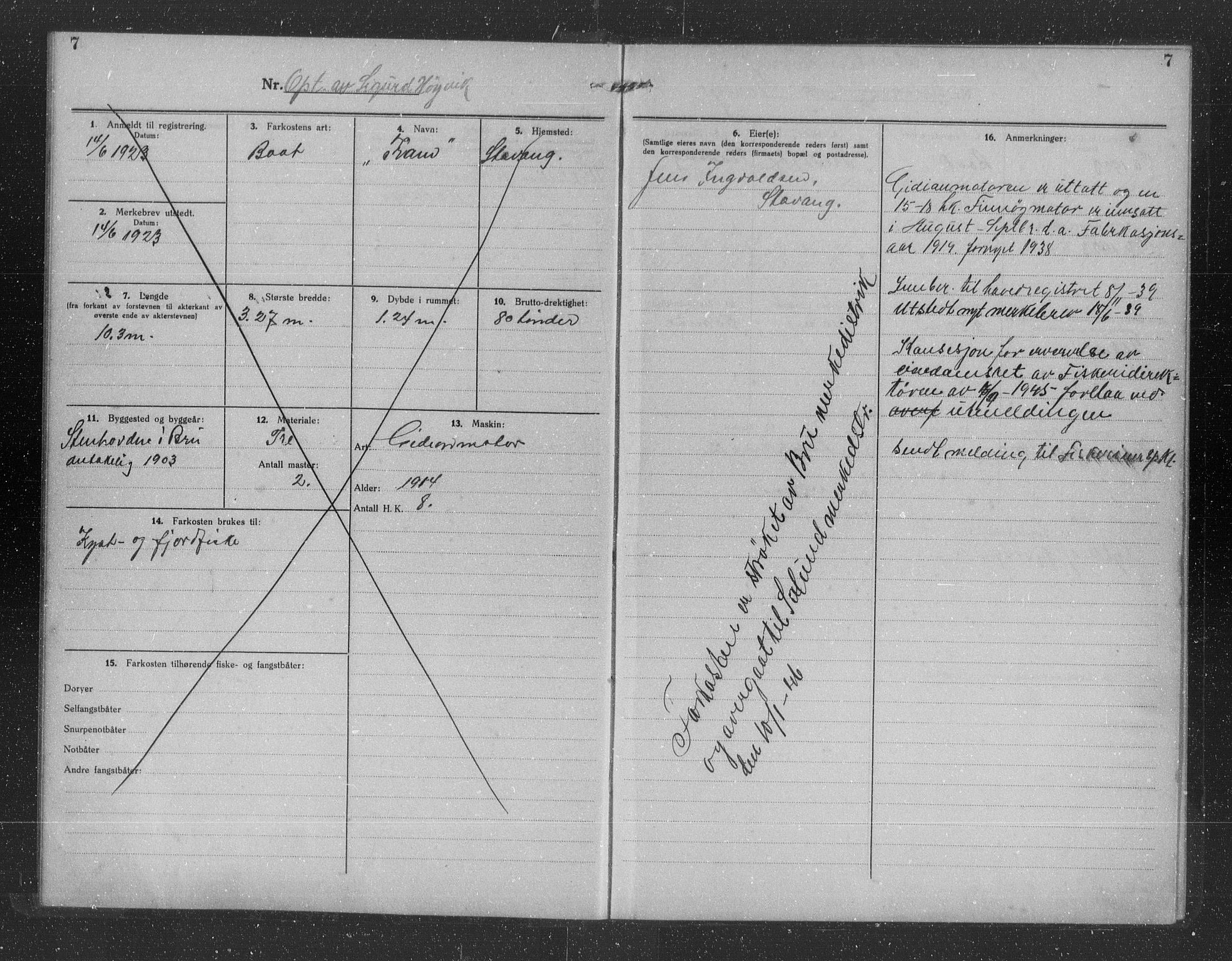 Fiskeridirektoratet - 1 Adm. ledelse - 13 Båtkontoret, AV/SAB-A-2003/I/Ia/Iag/L0013: 135.0706/1 Merkeprotokoll - Bru, 1923-1946, p. 7