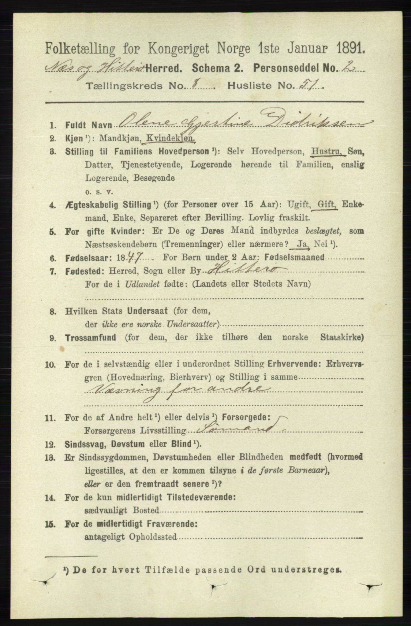 RA, 1891 census for 1043 Hidra og Nes, 1891, p. 3581