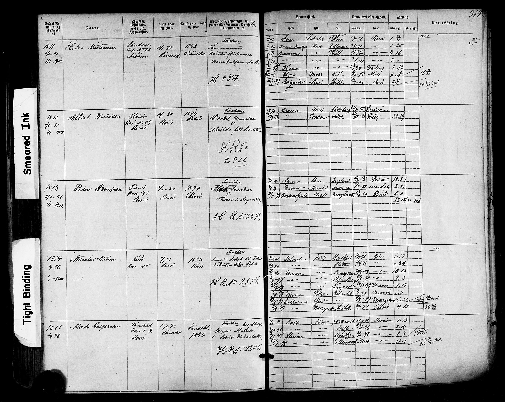 Risør mønstringskrets, SAK/2031-0010/F/Fa/L0003: Annotasjonsrulle nr 1-1913 med register, T-7, 1863-1899, p. 307