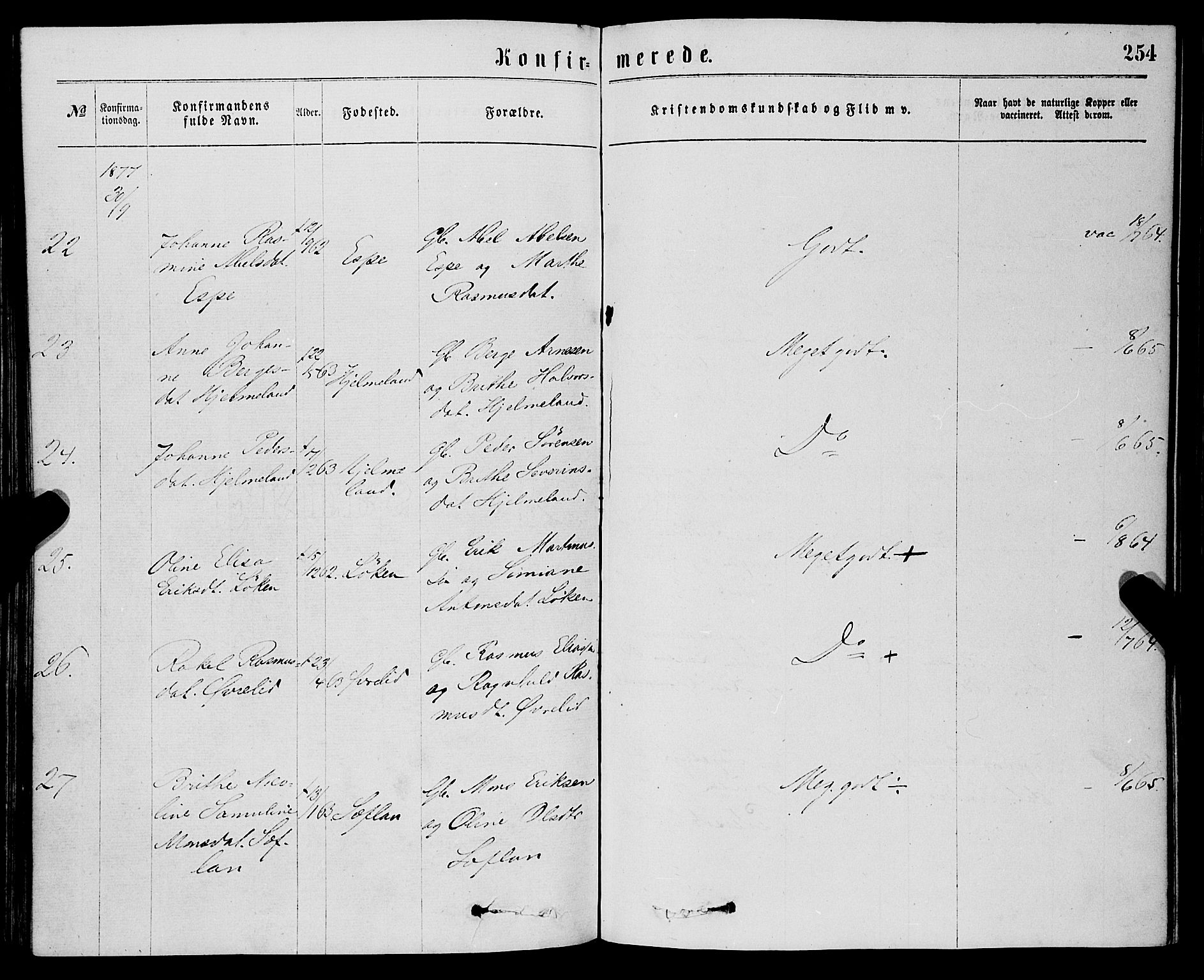 Eid sokneprestembete, AV/SAB-A-82301/H/Haa/Haaa/L0010: Parish register (official) no. A 10, 1867-1878, p. 254