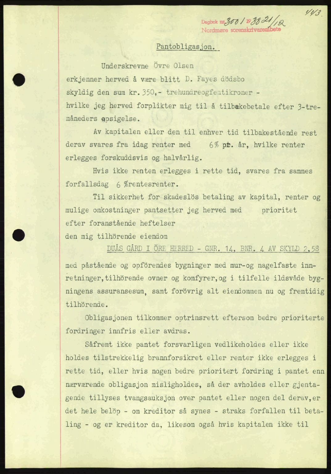 Nordmøre sorenskriveri, SAT/A-4132/1/2/2Ca: Mortgage book no. B84, 1938-1939, Diary no: : 3001/1938