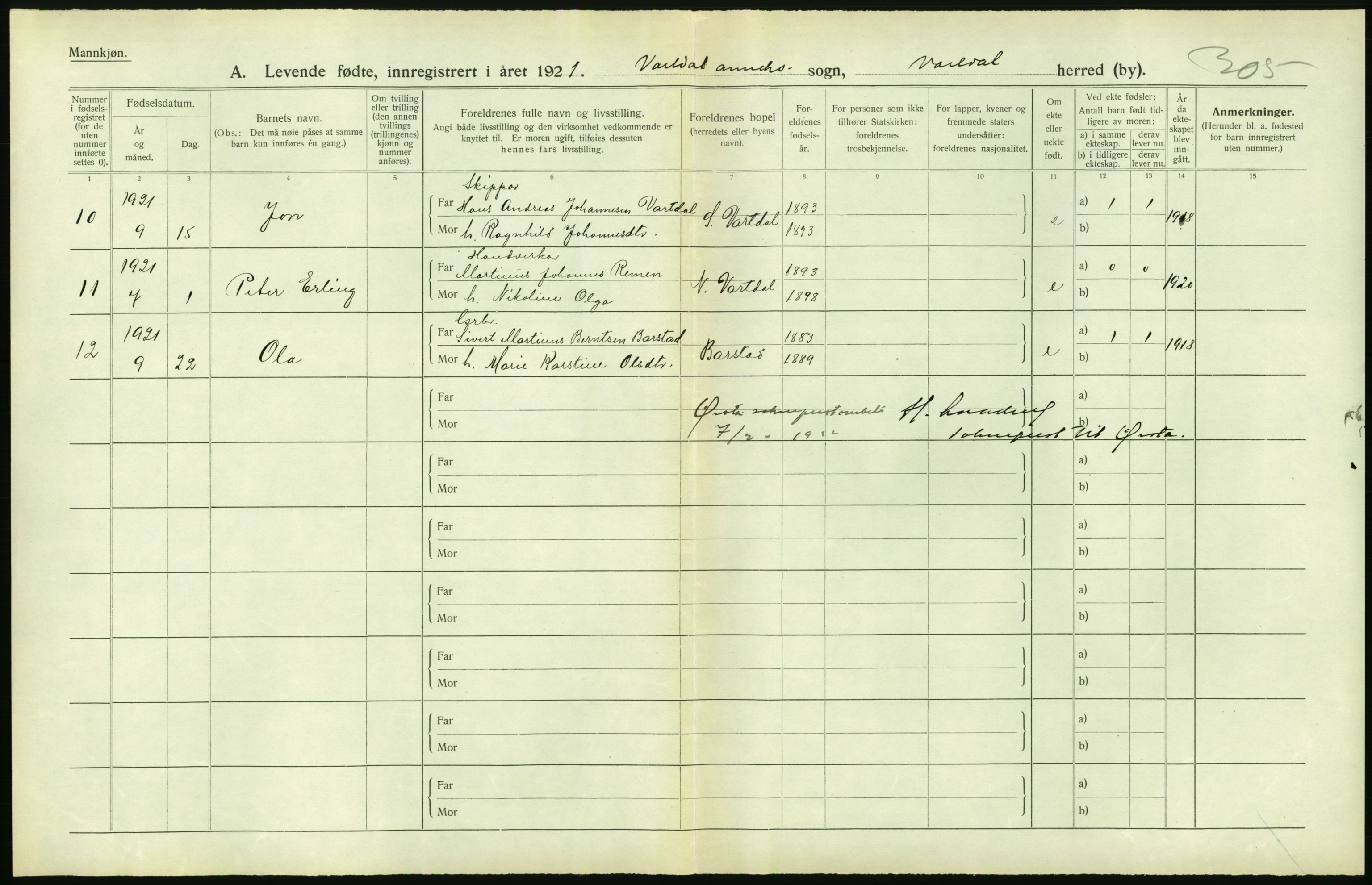 Statistisk sentralbyrå, Sosiodemografiske emner, Befolkning, RA/S-2228/D/Df/Dfc/Dfca/L0040: Møre fylke: Levendefødte menn og kvinner. Bygder., 1921, p. 54