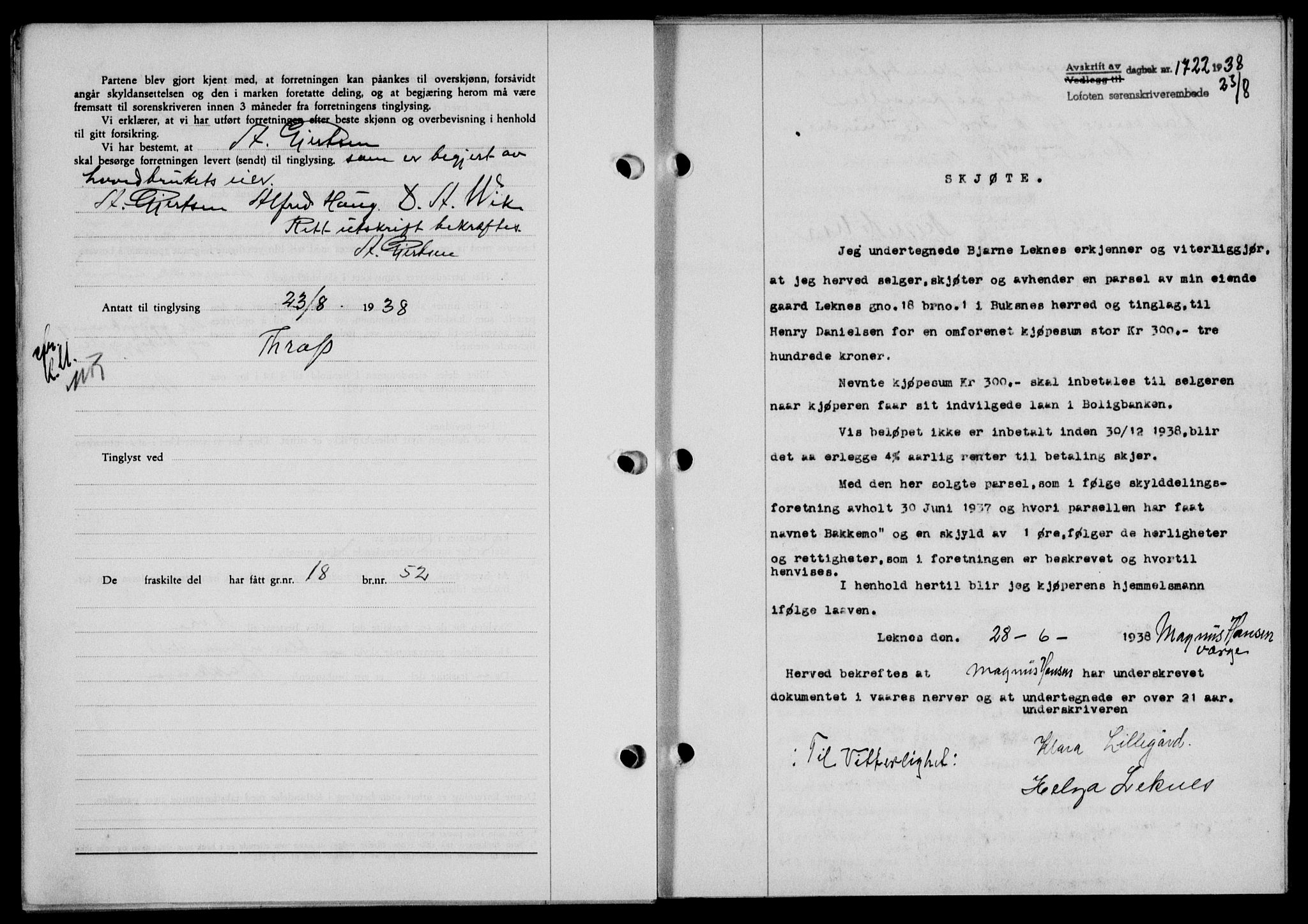 Lofoten sorenskriveri, SAT/A-0017/1/2/2C/L0004a: Mortgage book no. 4a, 1938-1938, Diary no: : 1722/1938