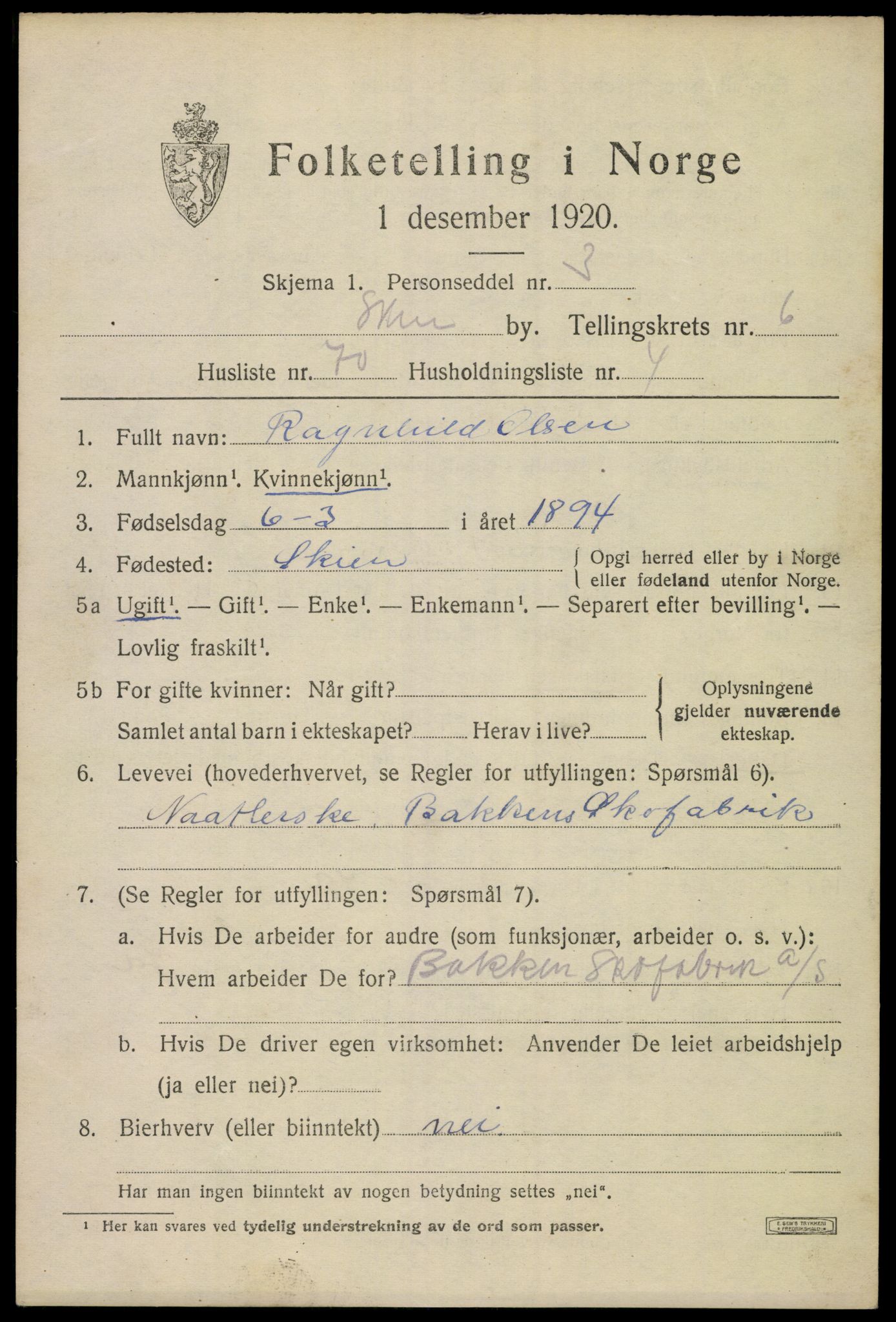 SAKO, 1920 census for Skien, 1920, p. 23160