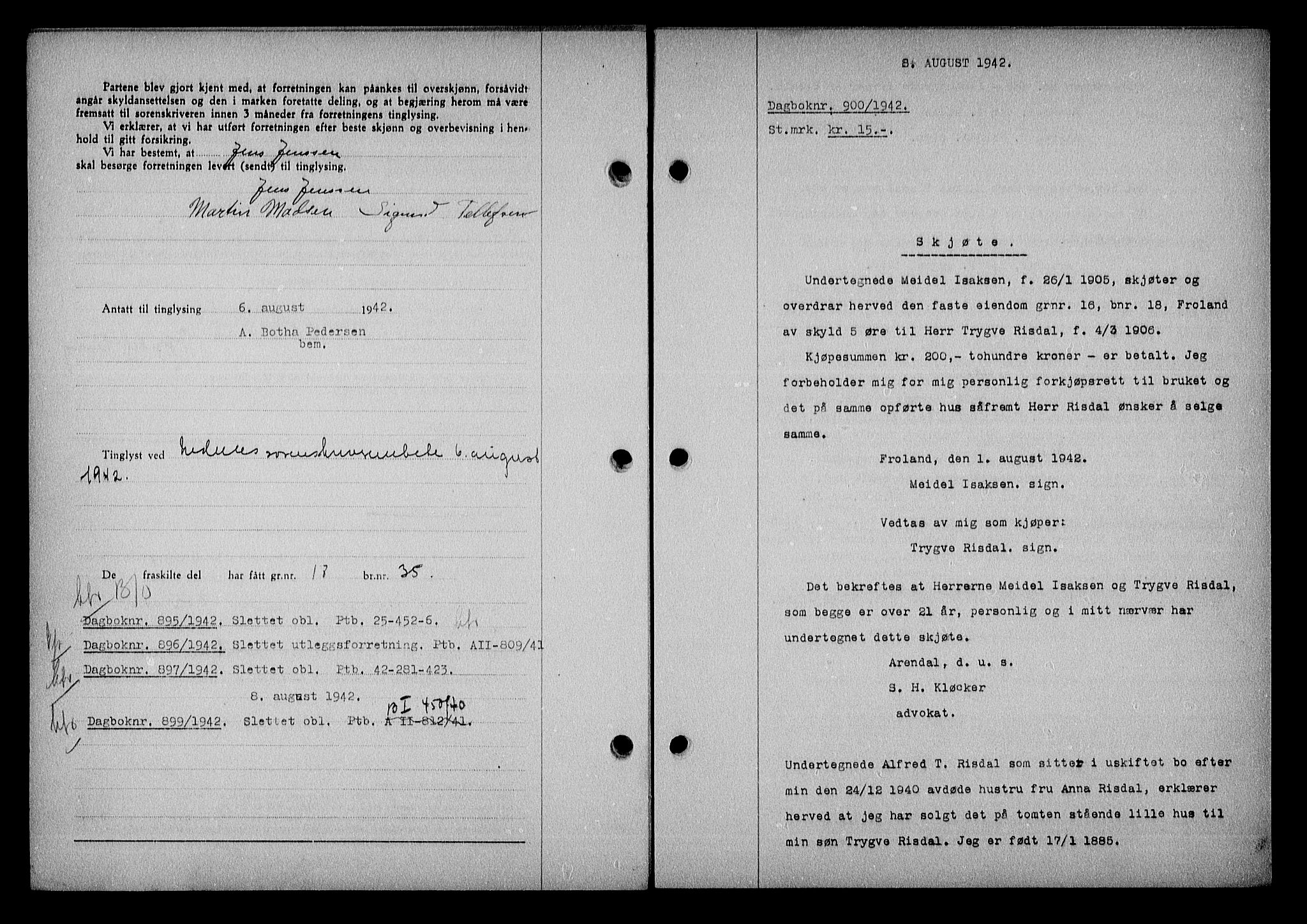 Nedenes sorenskriveri, SAK/1221-0006/G/Gb/Gba/L0049: Mortgage book no. A-III, 1941-1942, Diary no: : 900/1942