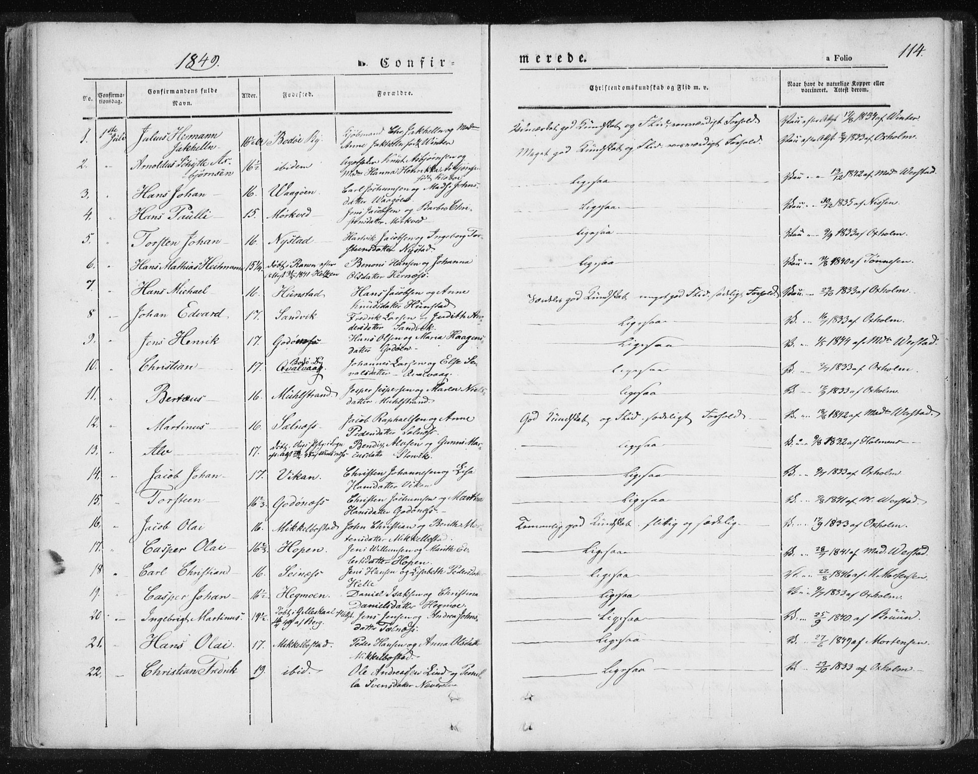 Ministerialprotokoller, klokkerbøker og fødselsregistre - Nordland, SAT/A-1459/801/L0007: Parish register (official) no. 801A07, 1845-1863, p. 114