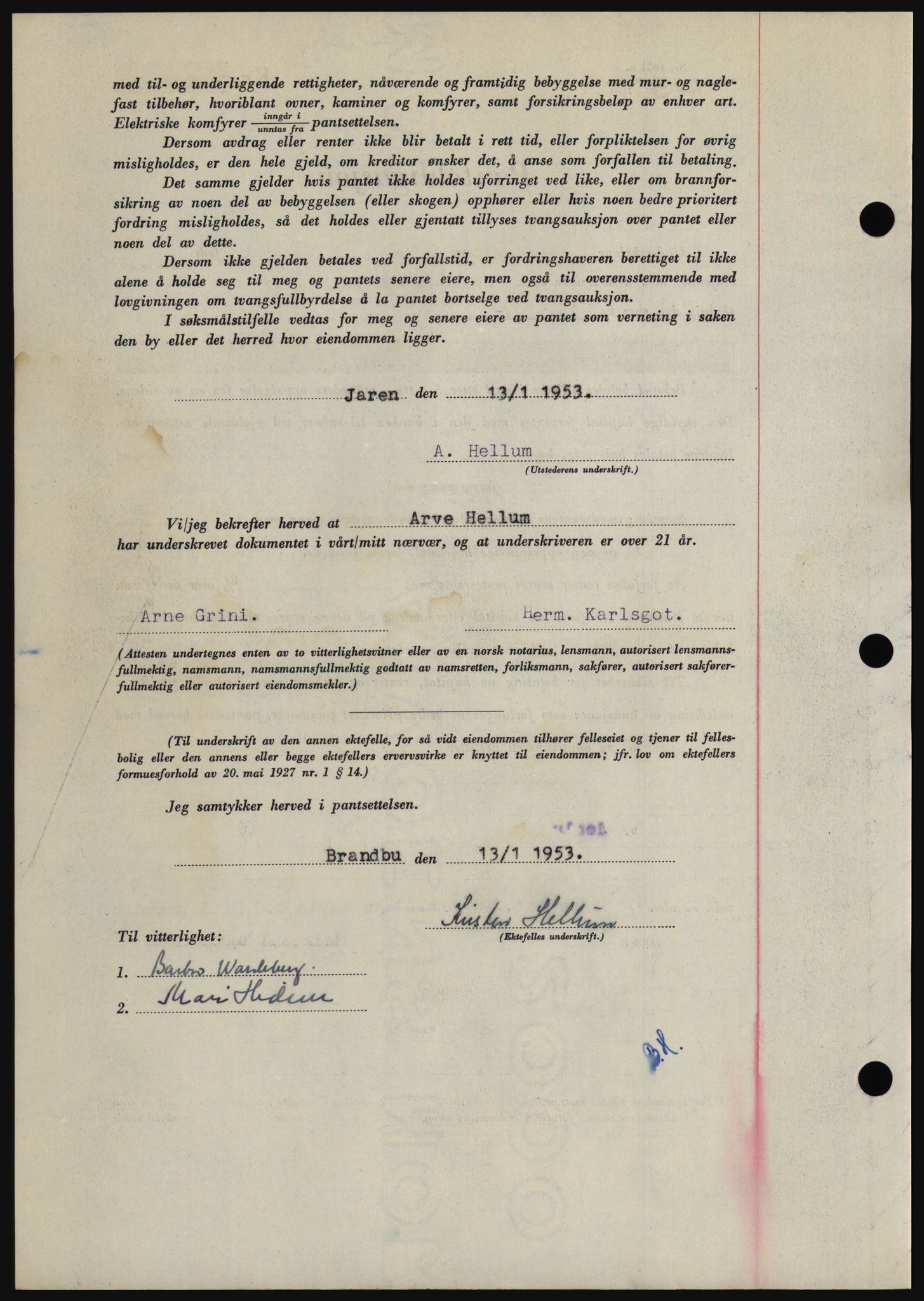 Hadeland og Land tingrett, SAH/TING-010/H/Hb/Hbc/L0026: Mortgage book no. B26, 1953-1953, Diary no: : 168/1953