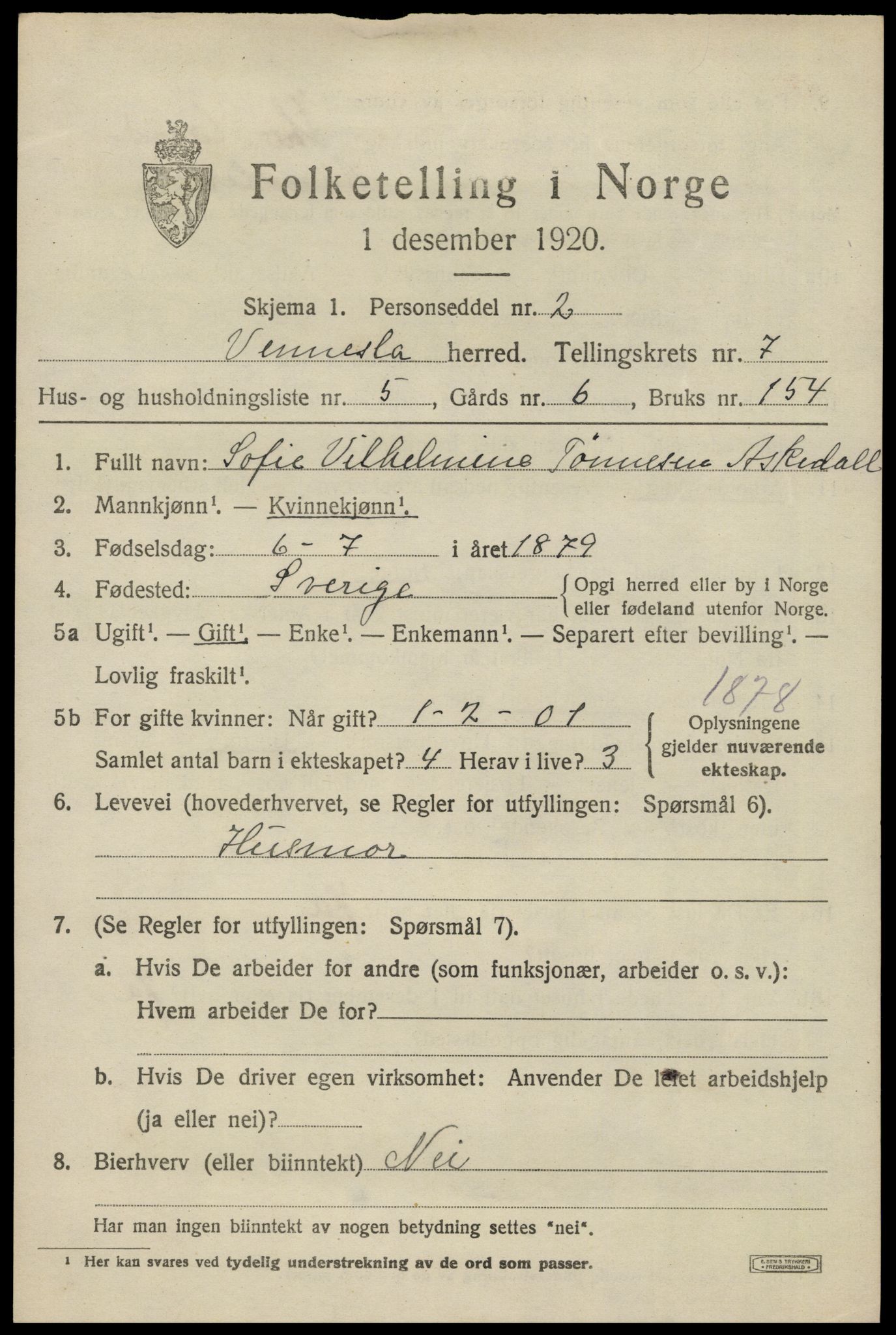 SAK, 1920 census for Vennesla, 1920, p. 4798