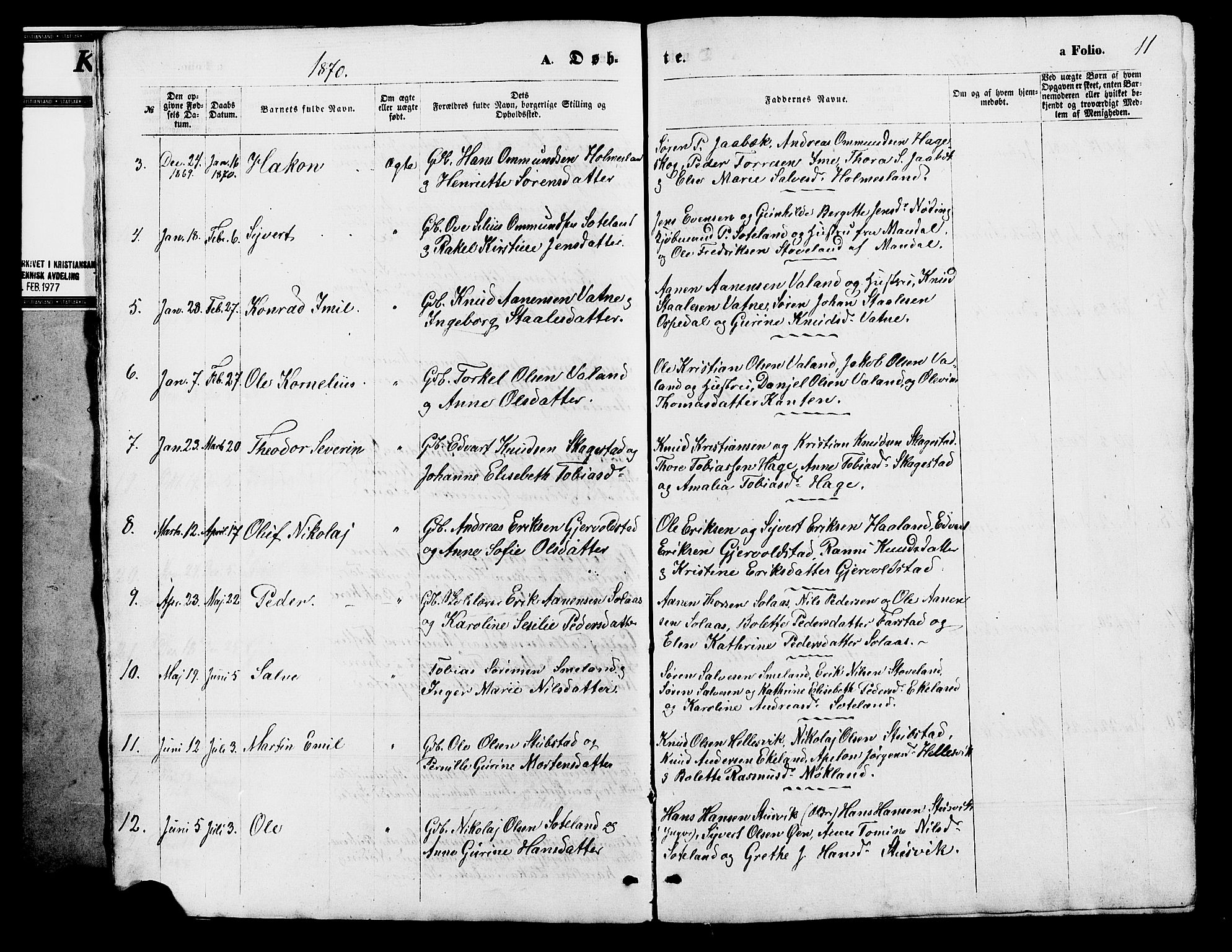 Holum sokneprestkontor, AV/SAK-1111-0022/F/Fb/Fba/L0004: Parish register (copy) no. B 4, 1867-1890, p. 11