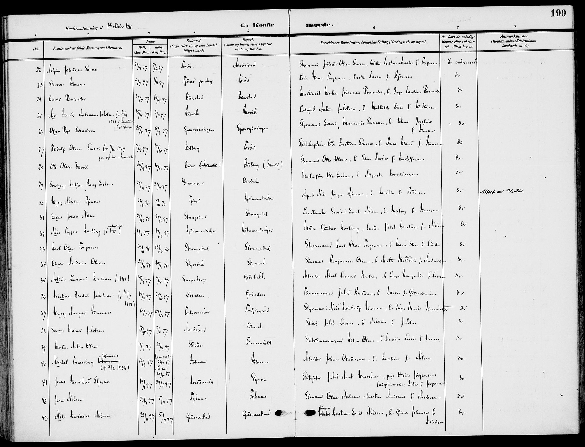 Nøtterøy kirkebøker, AV/SAKO-A-354/F/Fa/L0010: Parish register (official) no. I 10, 1908-1919, p. 199