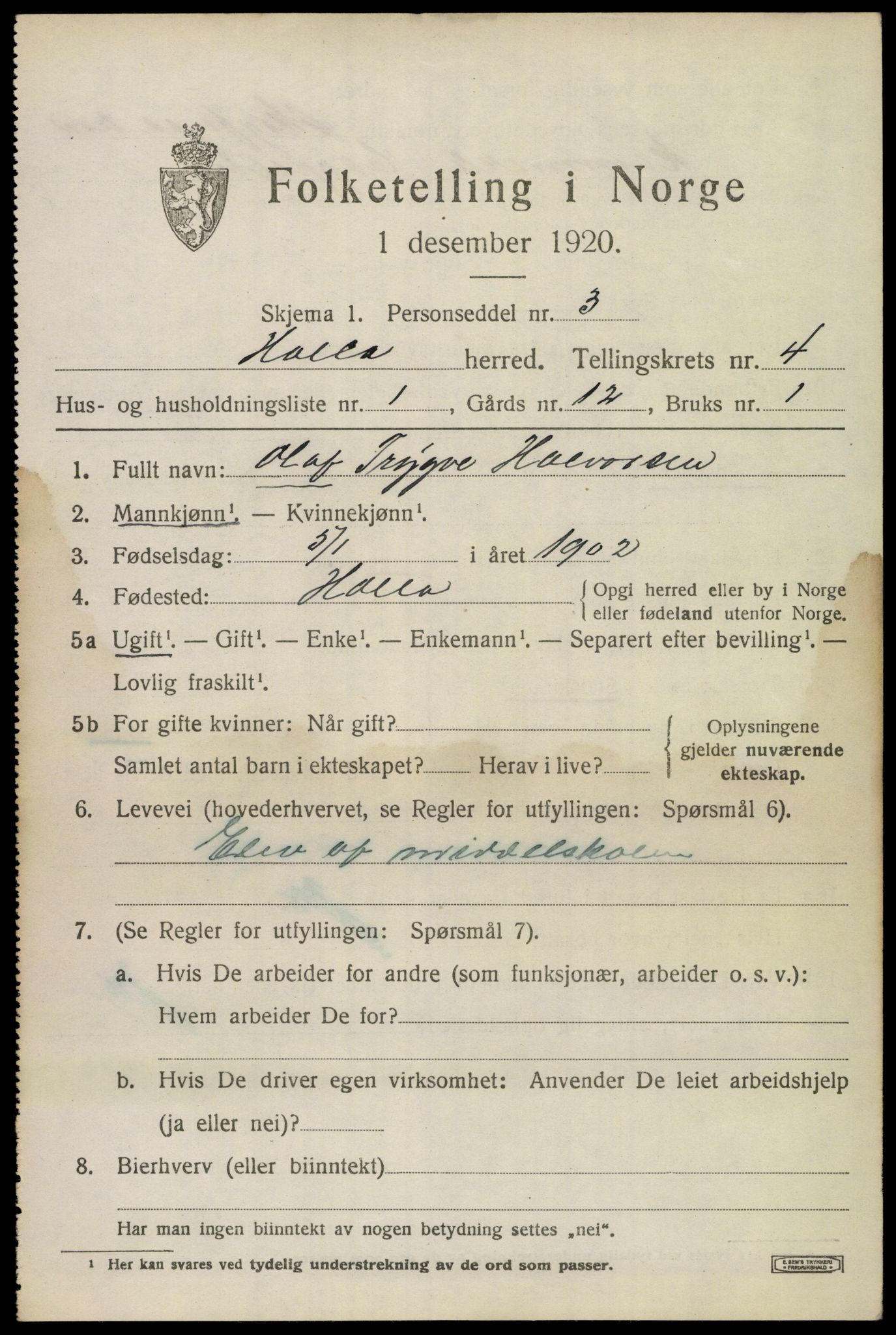 SAKO, 1920 census for Holla, 1920, p. 3613