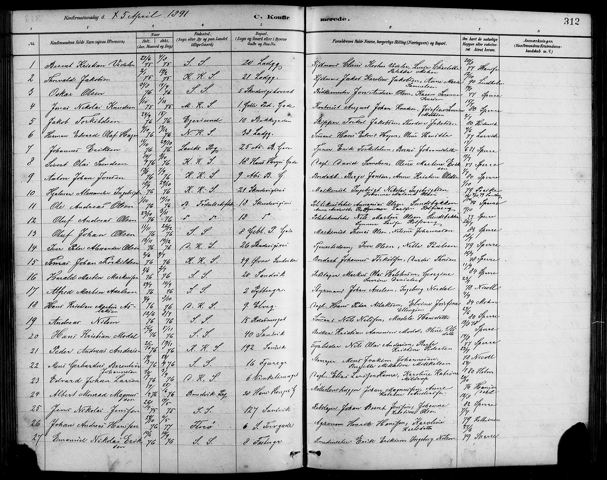 Sandviken Sokneprestembete, SAB/A-77601/H/Hb/L0001: Parish register (copy) no. A 2, 1879-1892, p. 312