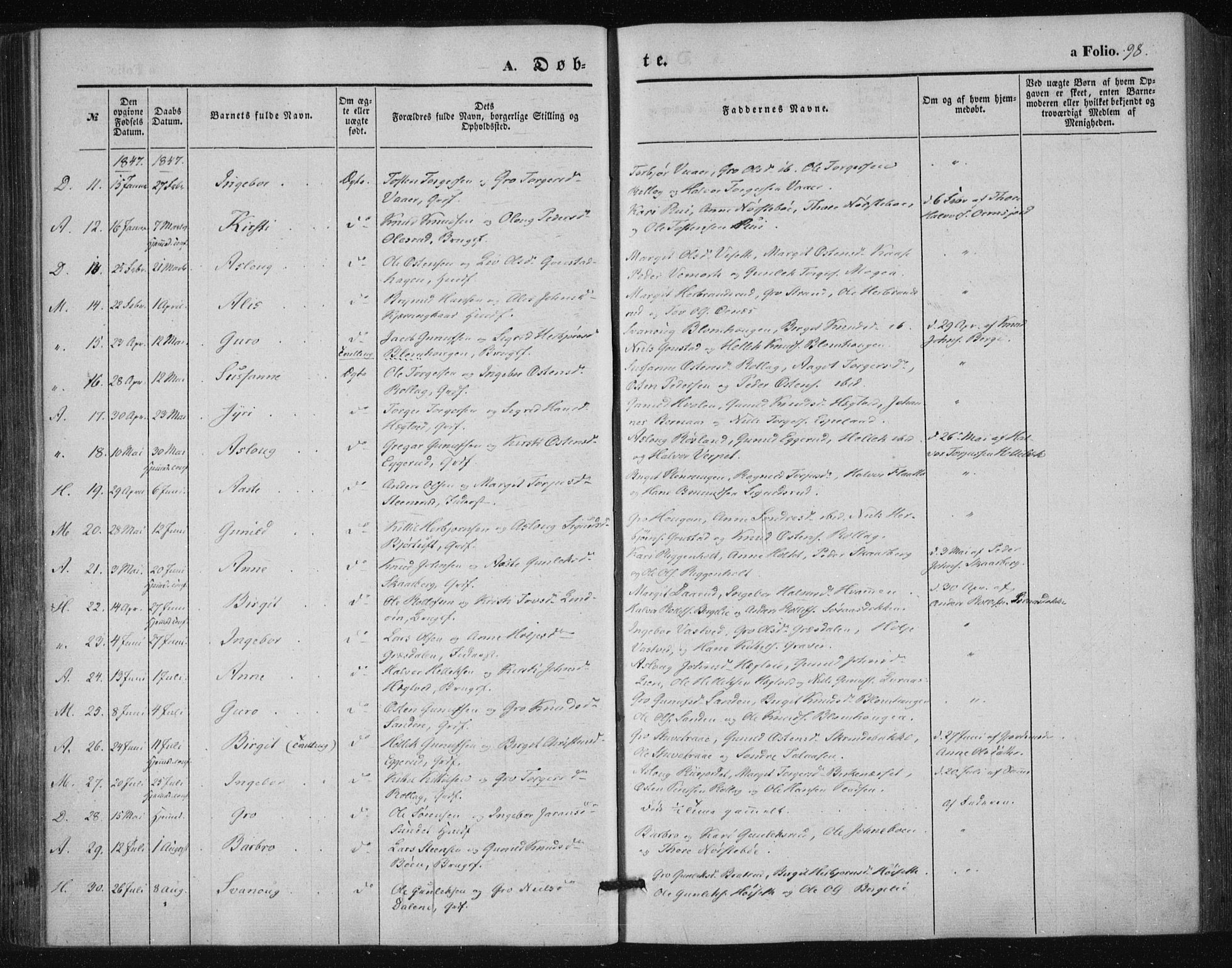 Tinn kirkebøker, AV/SAKO-A-308/F/Fa/L0005: Parish register (official) no. I 5, 1844-1856, p. 98