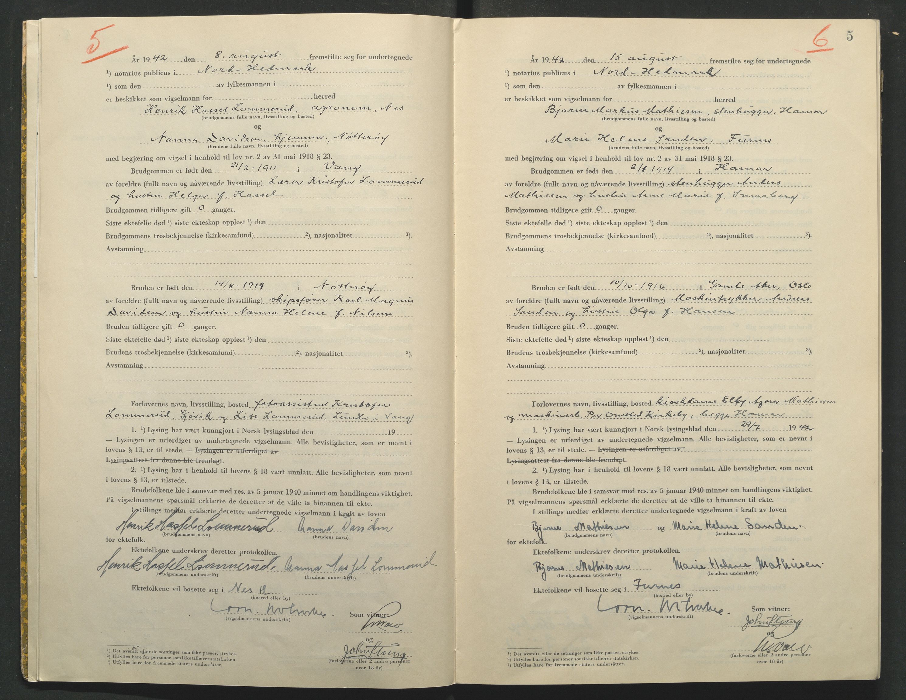 Nord-Hedmark sorenskriveri, AV/SAH-TING-012/L/Lc/L0001/0002: Vigselsprotokoller / Vigselsprotokoll, 1942-1943, p. 5
