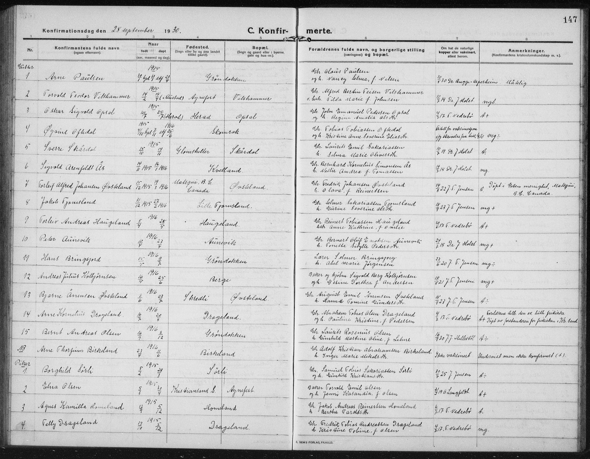 Lyngdal sokneprestkontor, AV/SAK-1111-0029/F/Fb/Fbc/L0006: Parish register (copy) no. B 6, 1914-1934, p. 147