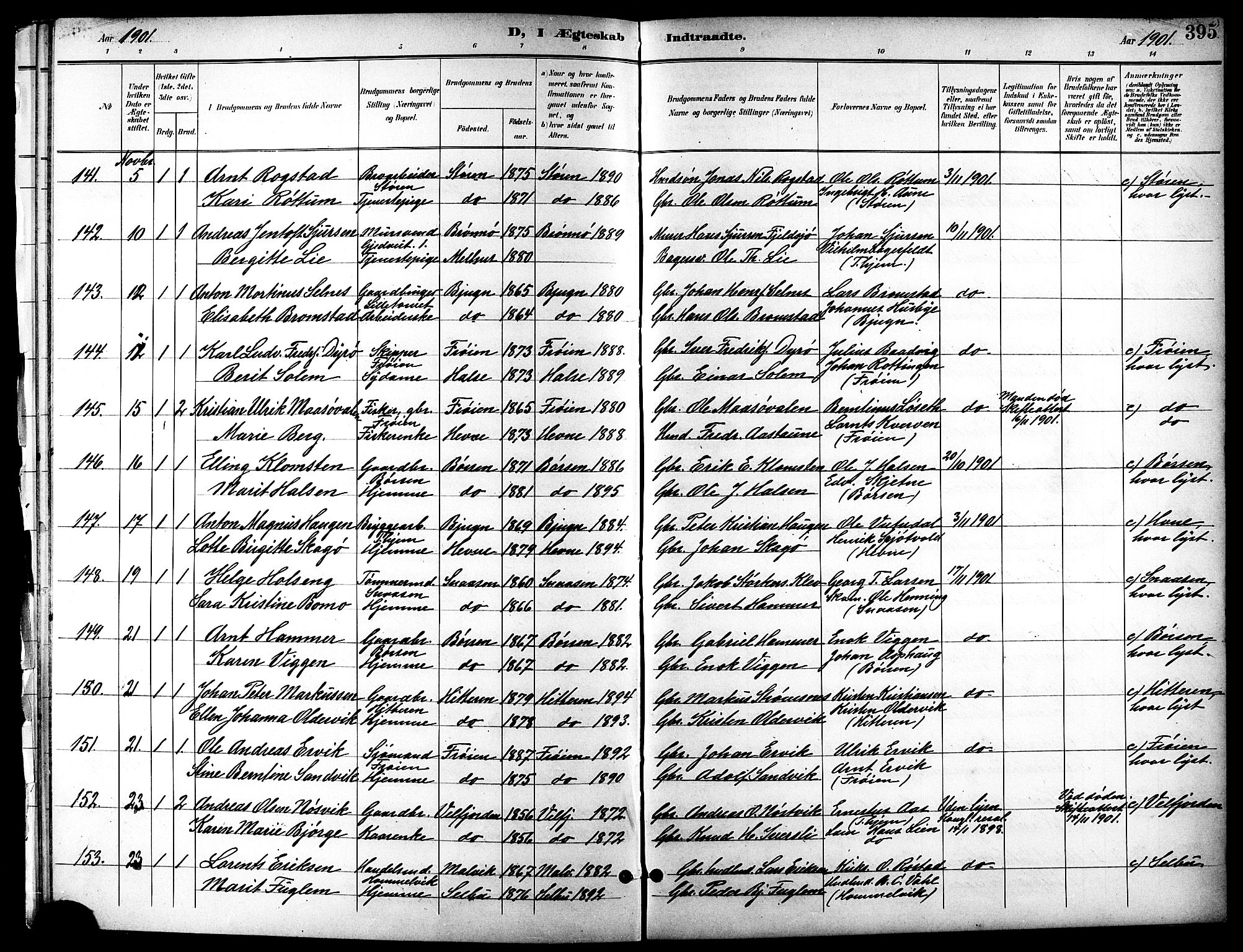 Ministerialprotokoller, klokkerbøker og fødselsregistre - Sør-Trøndelag, AV/SAT-A-1456/601/L0094: Parish register (copy) no. 601C12, 1898-1911, p. 395