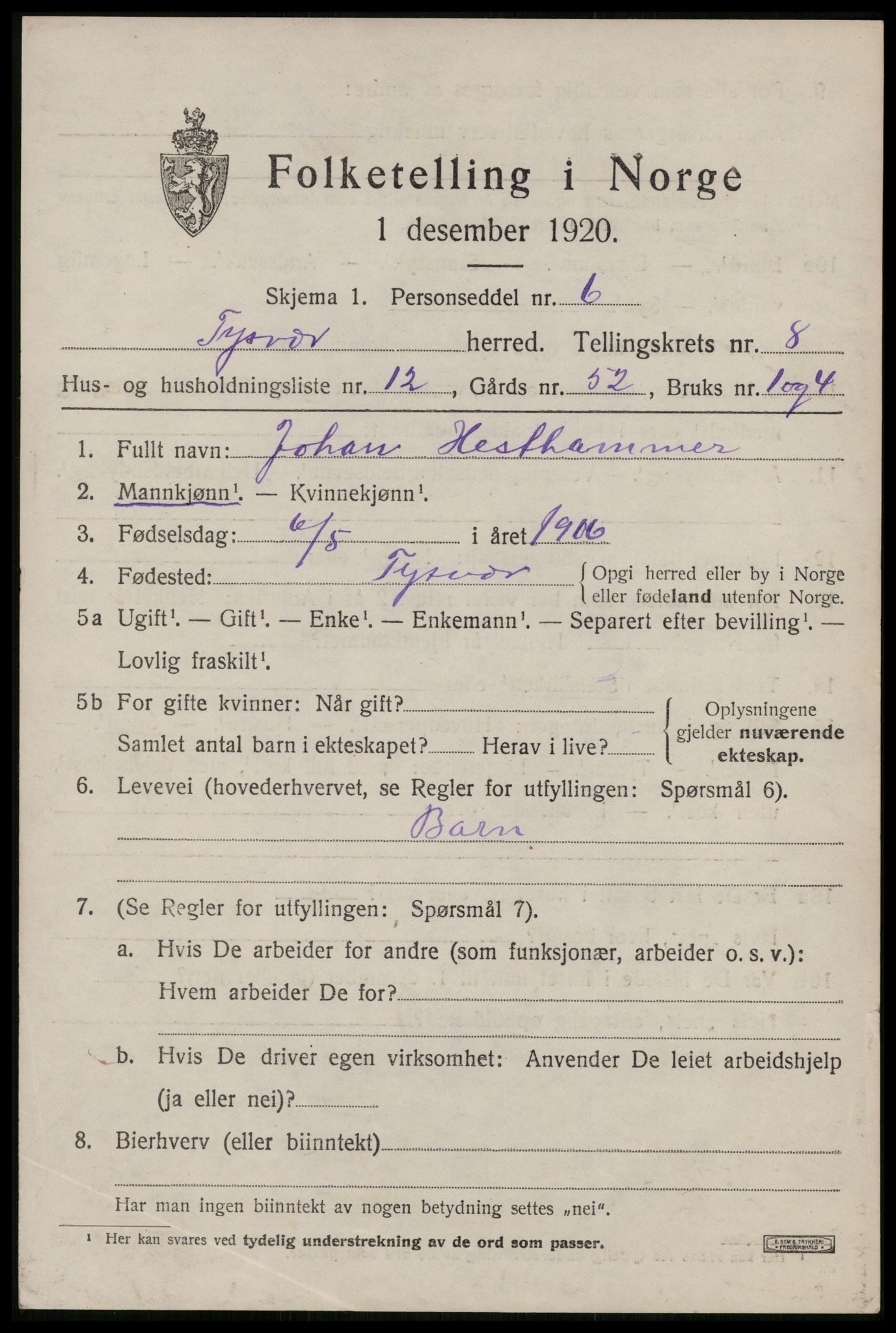 SAST, 1920 census for Tysvær, 1920, p. 3218