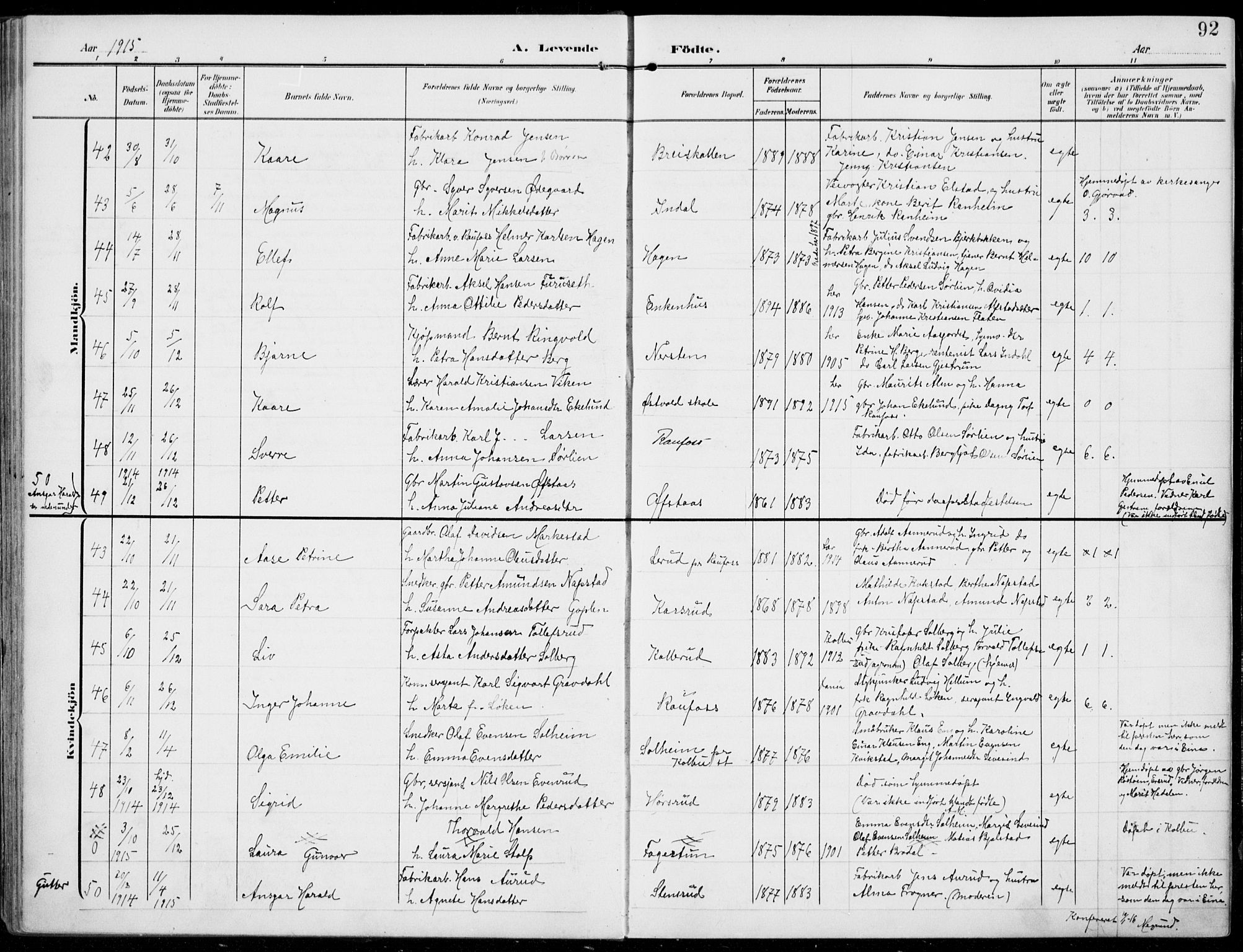 Vestre Toten prestekontor, AV/SAH-PREST-108/H/Ha/Haa/L0014: Parish register (official) no. 14, 1907-1920, p. 92