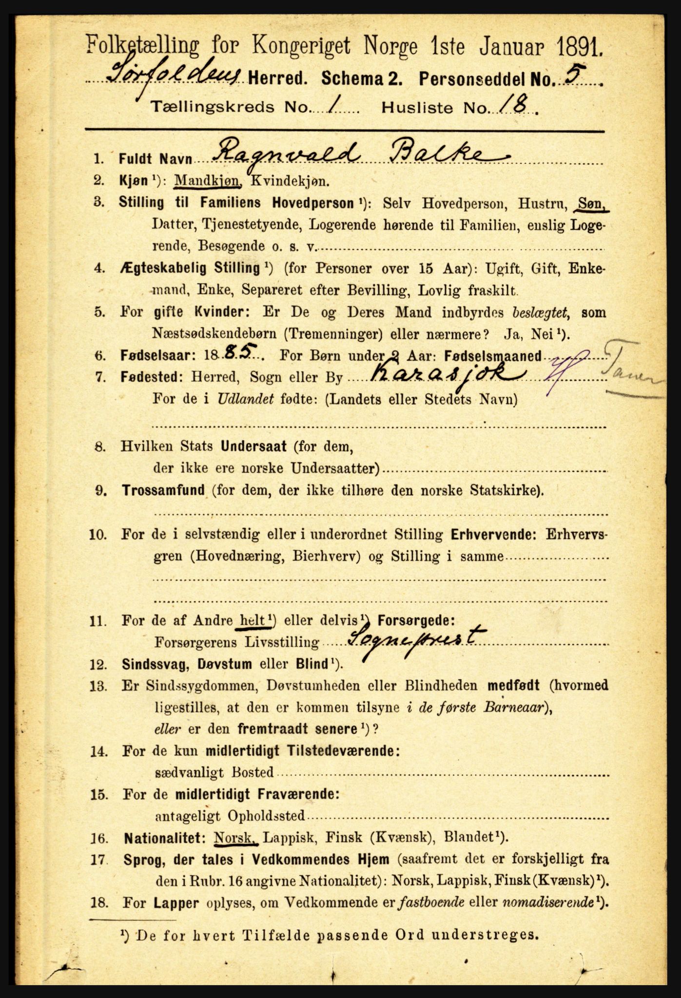 RA, 1891 census for 1845 Sørfold, 1891, p. 161