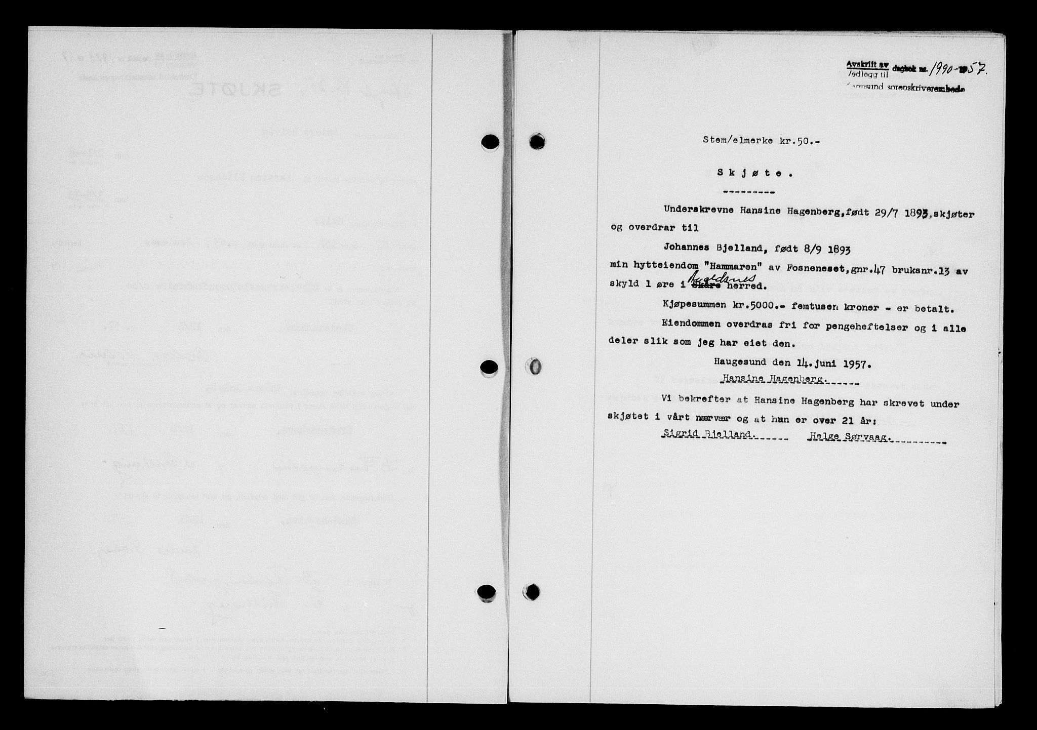 Karmsund sorenskriveri, AV/SAST-A-100311/01/II/IIB/L0125: Mortgage book no. 105A, 1957-1957, Diary no: : 1990/1957