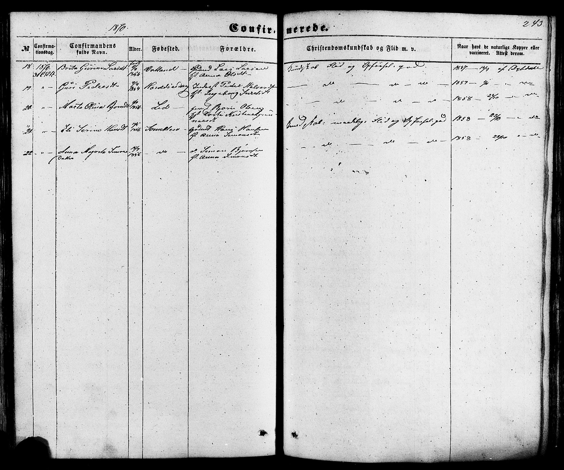 Skjold sokneprestkontor, AV/SAST-A-101847/H/Ha/Haa/L0008: Parish register (official) no. A 8, 1856-1882, p. 243