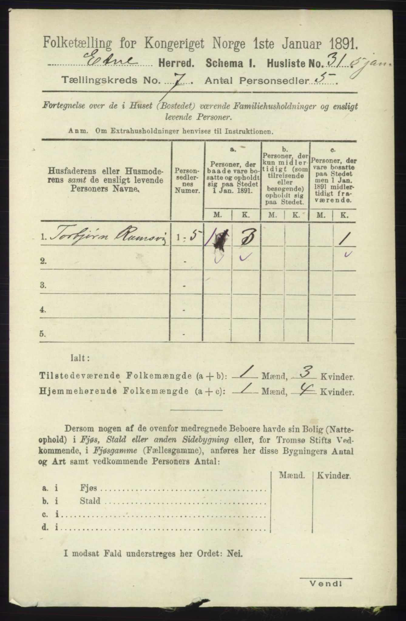 RA, 1891 census for 1211 Etne, 1891, p. 1390