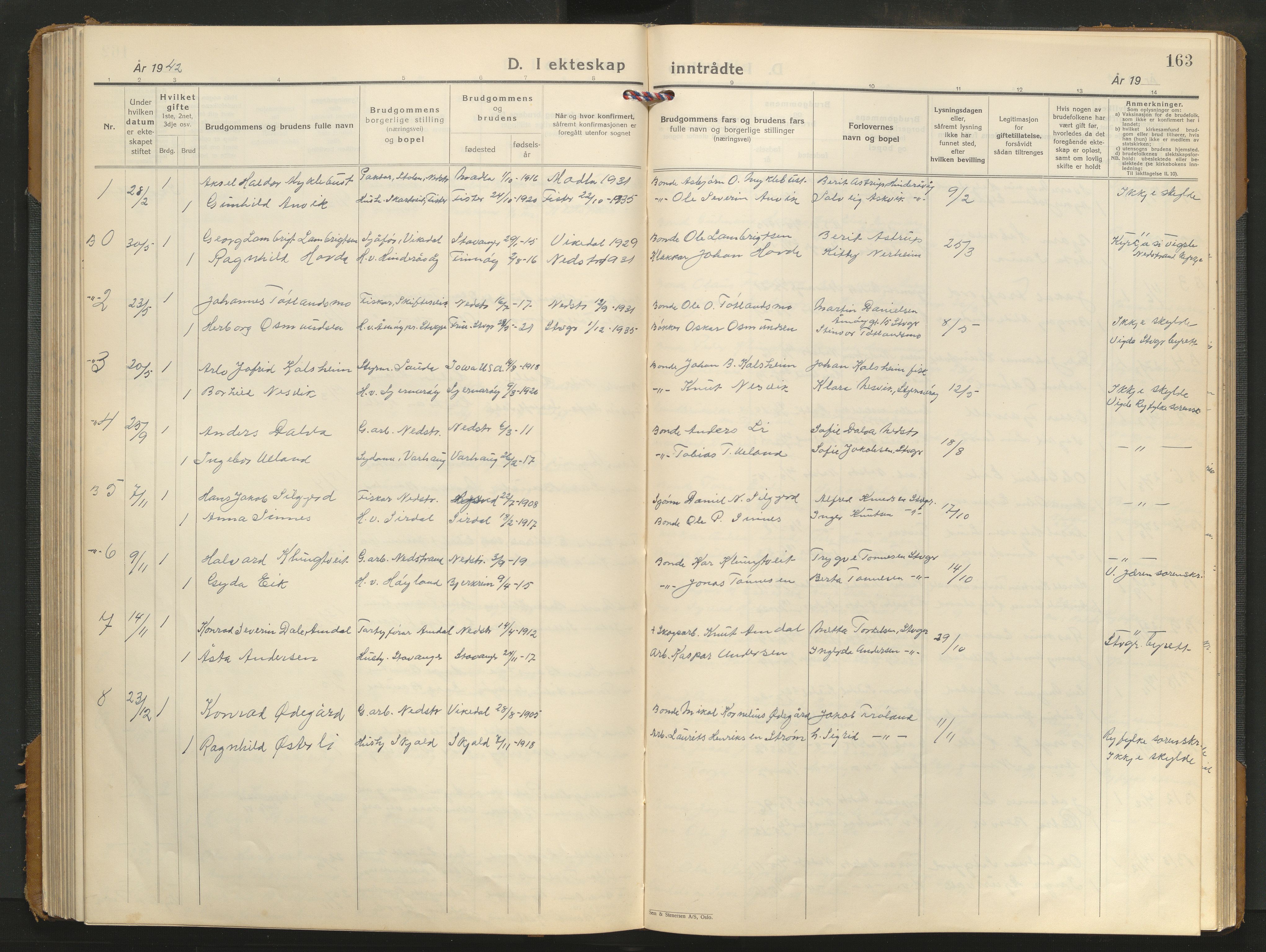 Nedstrand sokneprestkontor, AV/SAST-A-101841/01/V/L0004: Parish register (copy) no. B 4, 1933-1961, p. 163