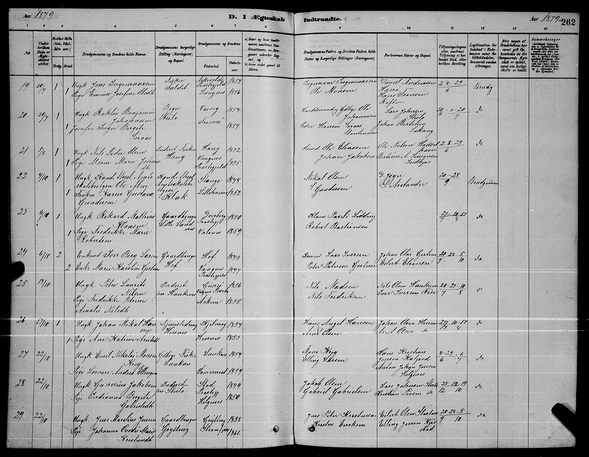 Ministerialprotokoller, klokkerbøker og fødselsregistre - Nordland, AV/SAT-A-1459/888/L1267: Parish register (copy) no. 888C05, 1878-1890, p. 262