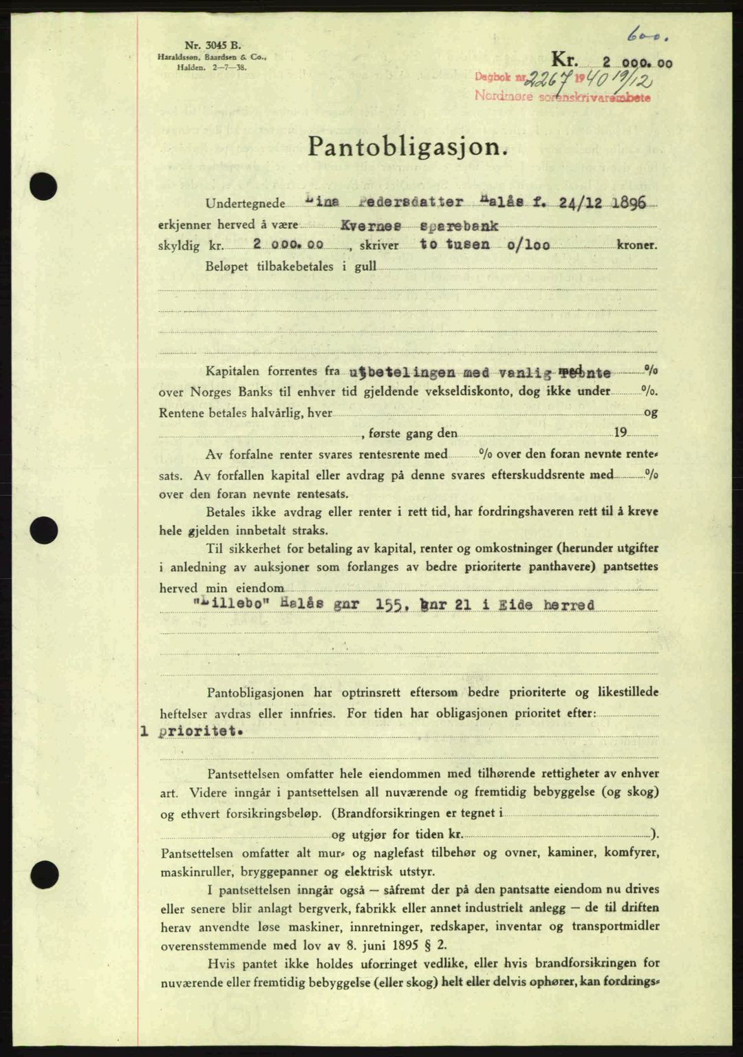 Nordmøre sorenskriveri, AV/SAT-A-4132/1/2/2Ca: Mortgage book no. B87, 1940-1941, Diary no: : 2267/1940