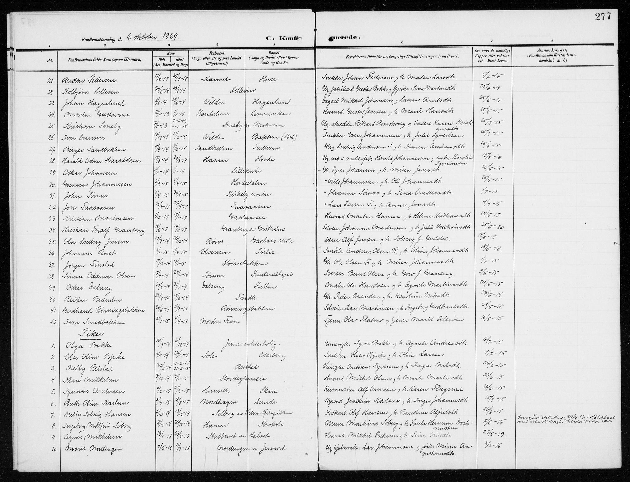 Furnes prestekontor, SAH/PREST-012/K/Ka/L0001: Parish register (official) no. 1, 1907-1935, p. 277
