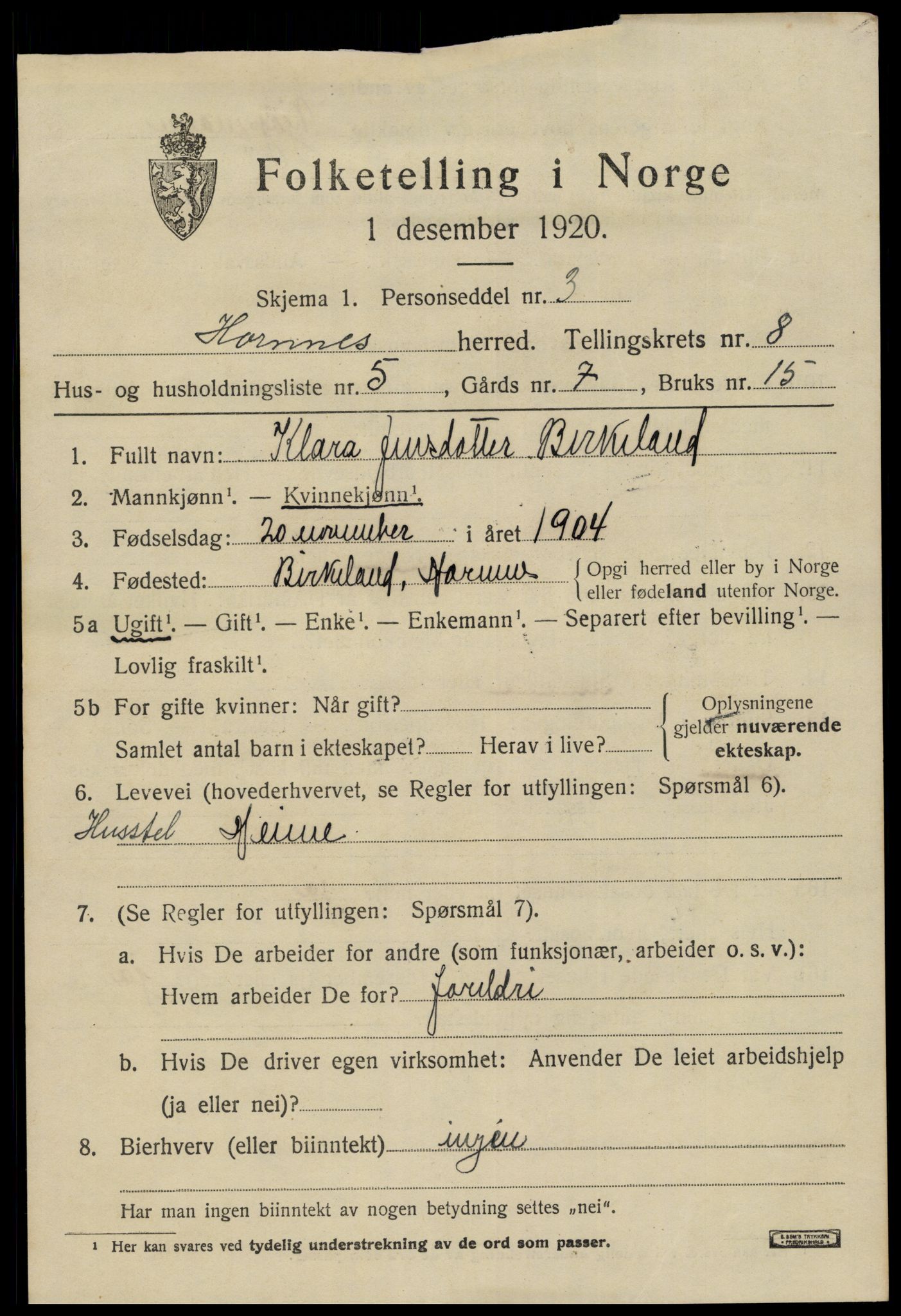 SAK, 1920 census for Hornnes, 1920, p. 1835