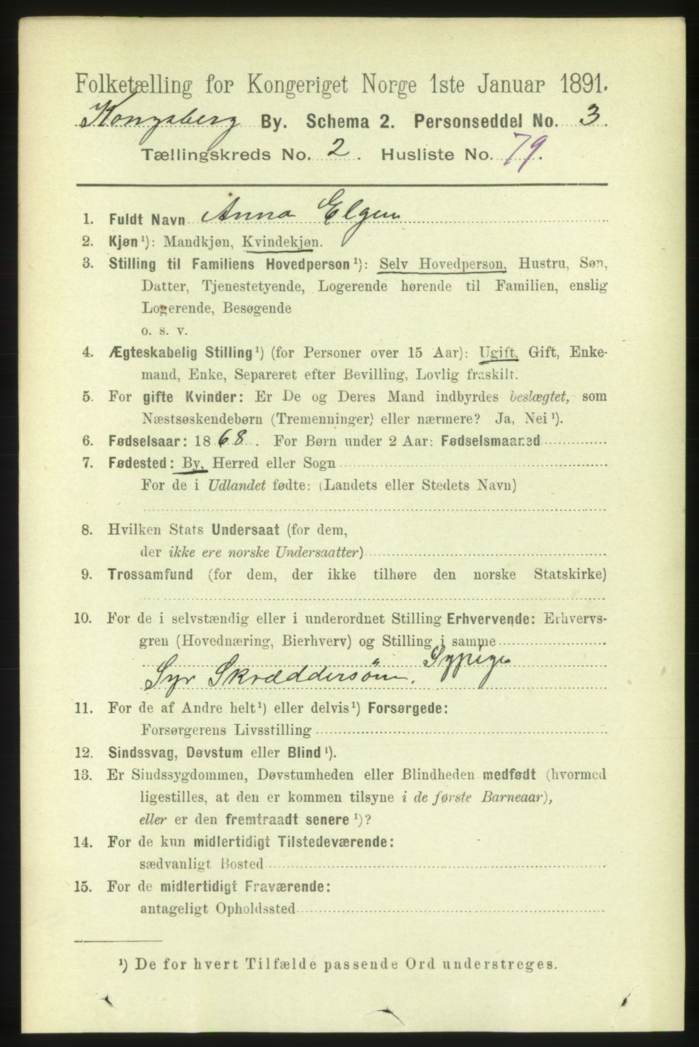 RA, 1891 census for 0604 Kongsberg, 1891, p. 2760