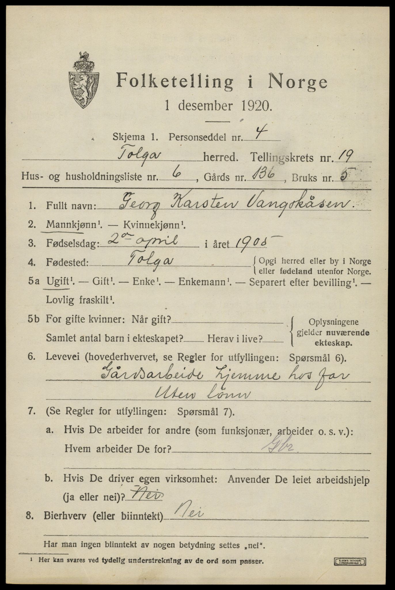 SAH, 1920 census for Tolga, 1920, p. 8545