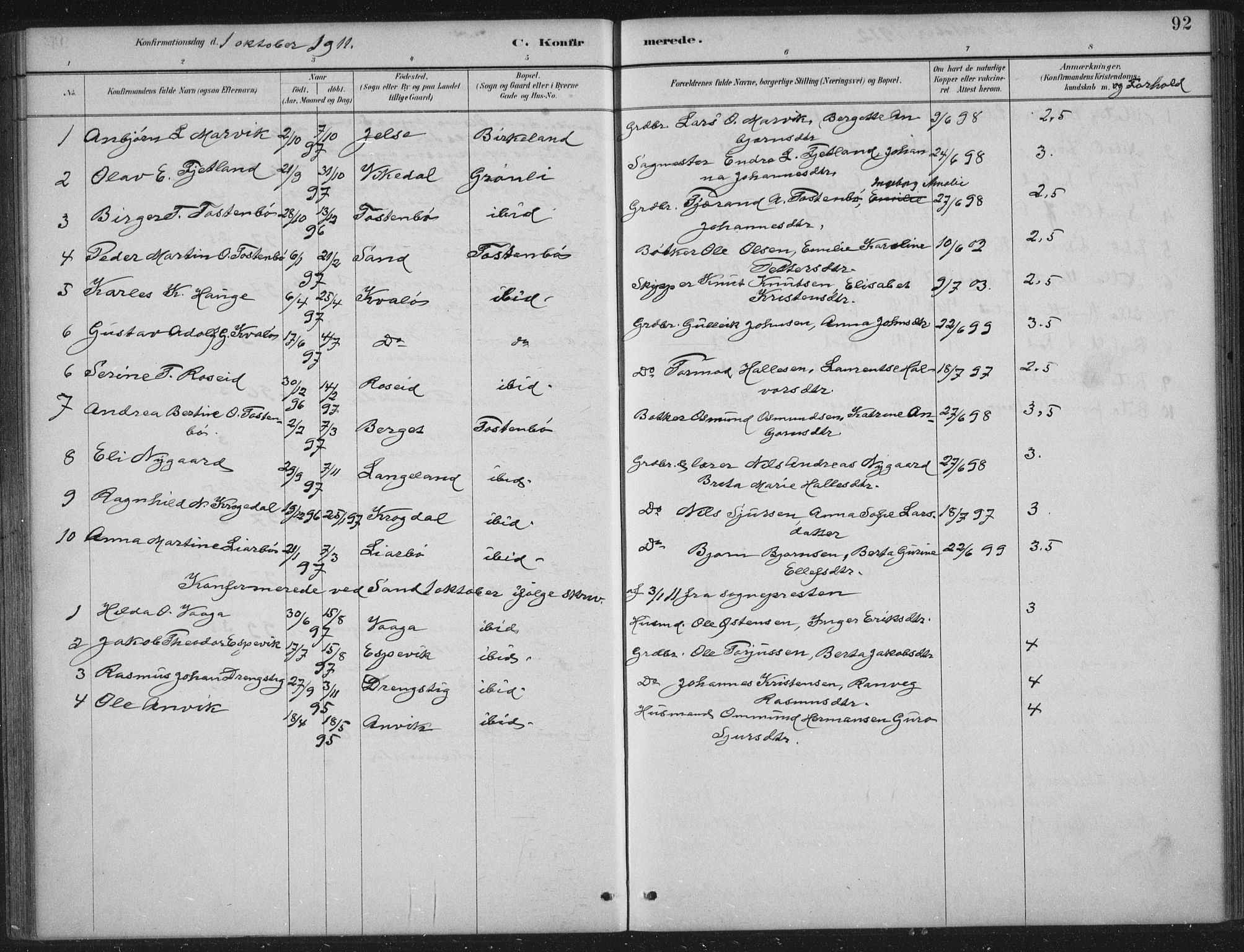 Vikedal sokneprestkontor, AV/SAST-A-101840/01/IV: Parish register (official) no. A 12, 1886-1929, p. 92