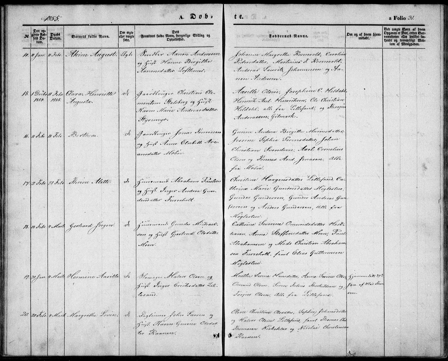 Vestre Moland sokneprestkontor, SAK/1111-0046/F/Fb/Fbb/L0003: Parish register (copy) no. B 3, 1851-1861, p. 31