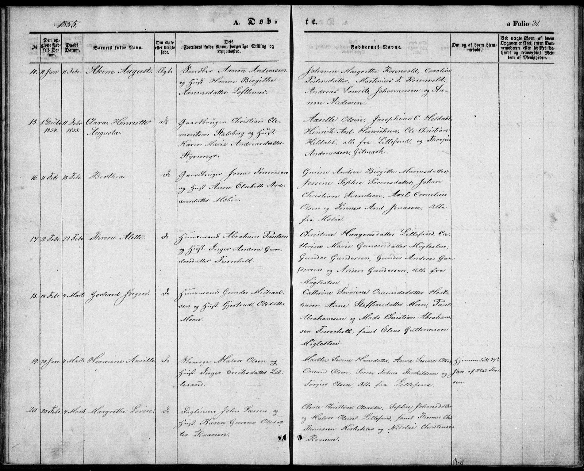 Vestre Moland sokneprestkontor, AV/SAK-1111-0046/F/Fb/Fbb/L0003: Parish register (copy) no. B 3, 1851-1861, p. 31