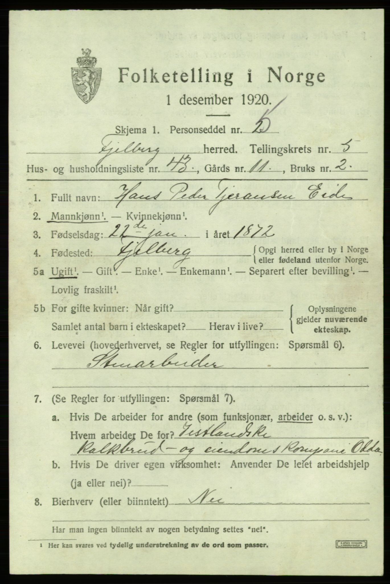 SAB, 1920 census for Fjelberg, 1920, p. 2173