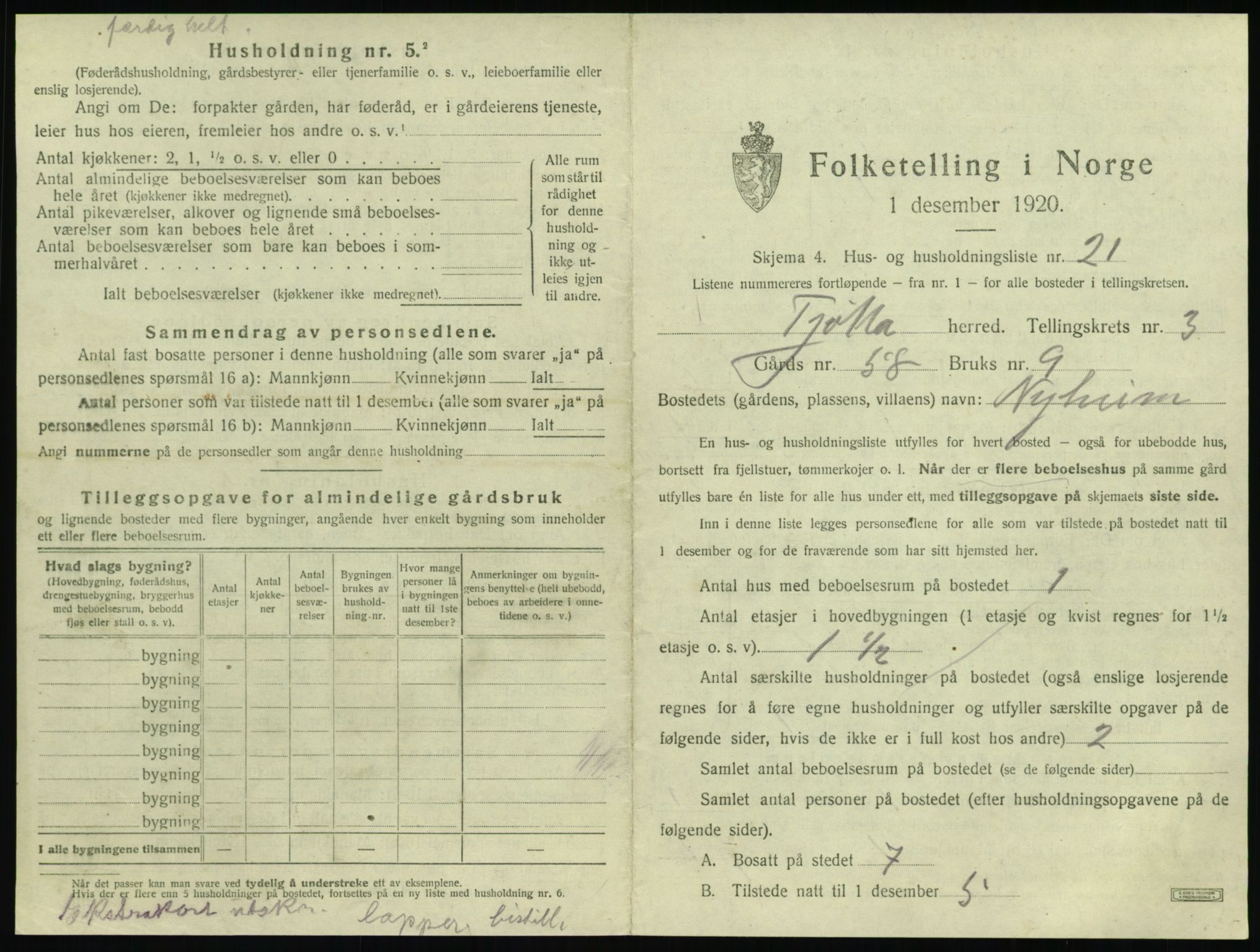 SAT, 1920 census for Tjøtta, 1920, p. 175