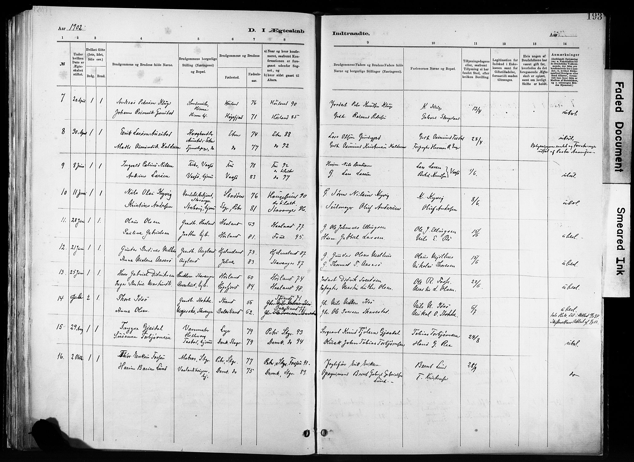 Hetland sokneprestkontor, SAST/A-101826/30/30BA/L0011: Parish register (official) no. A 11, 1884-1911, p. 193