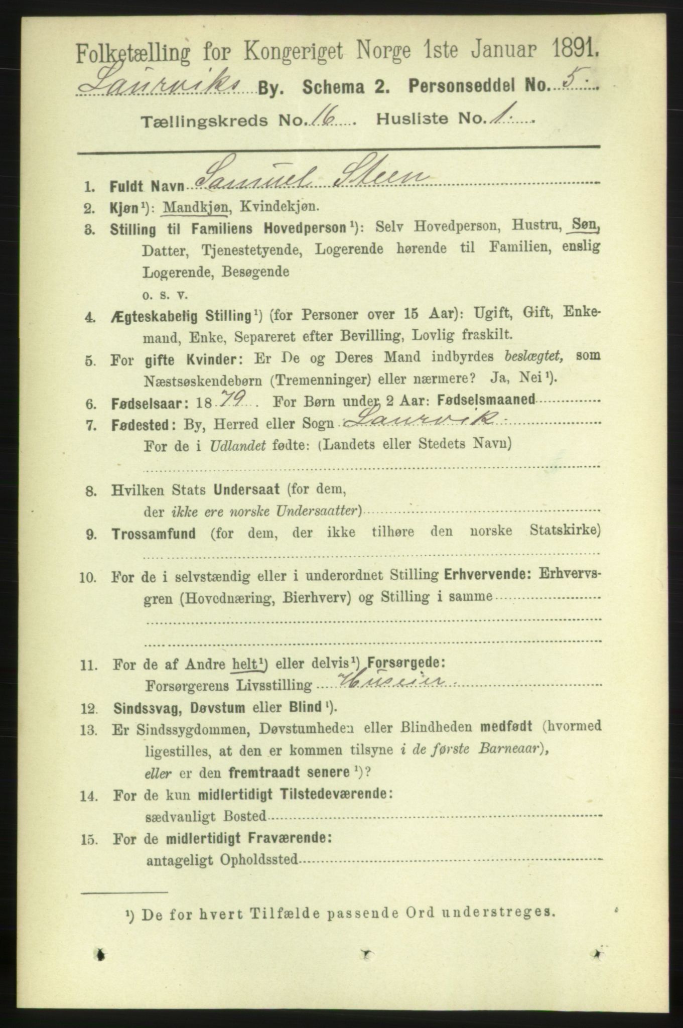 RA, 1891 census for 0707 Larvik, 1891, p. 11622