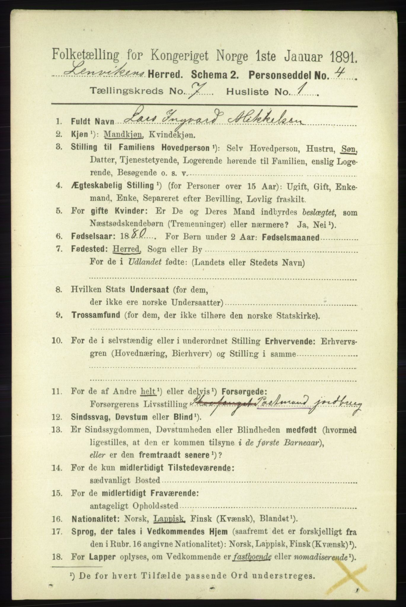 RA, 1891 census for 1931 Lenvik, 1891, p. 3786