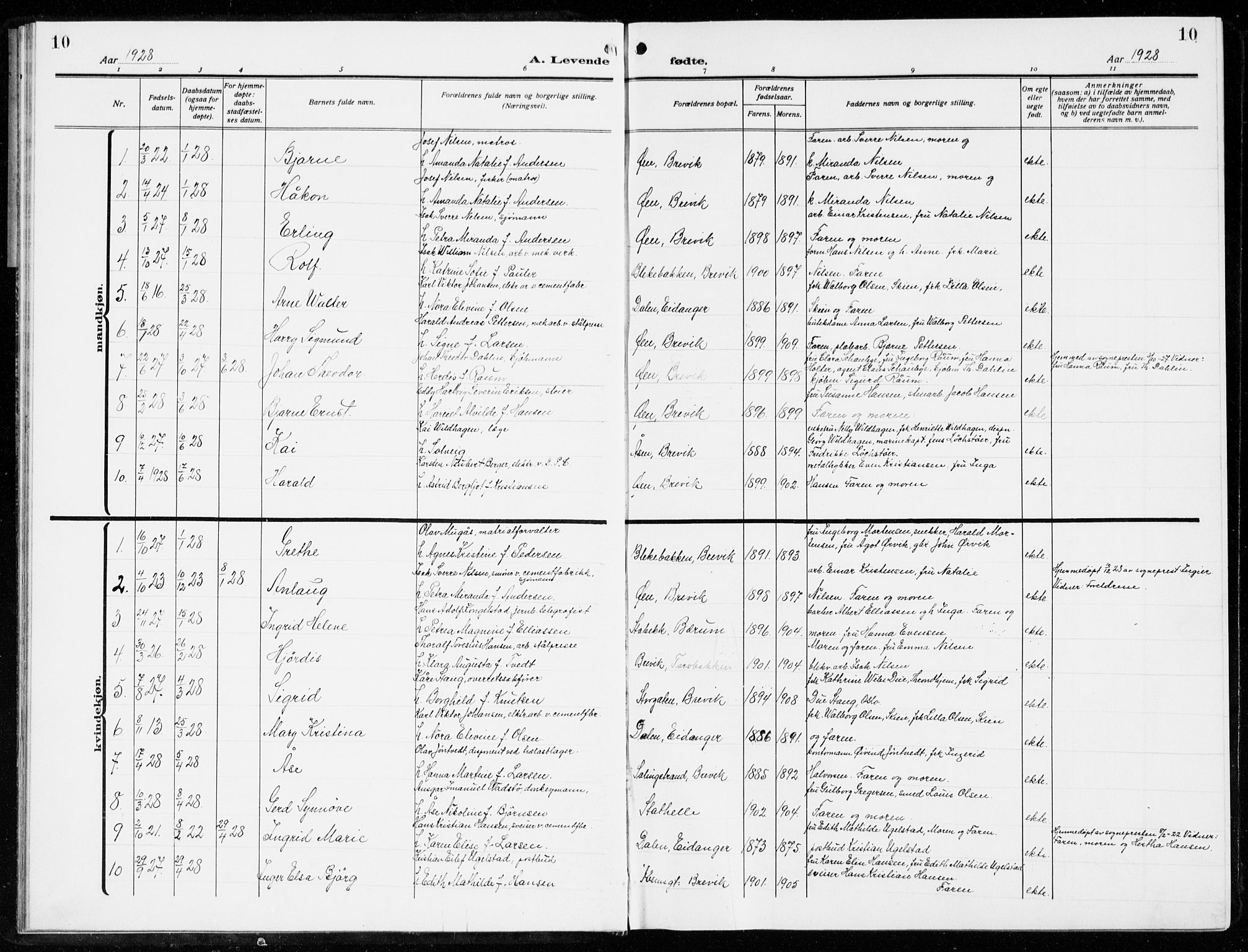Brevik kirkebøker, SAKO/A-255/G/Ga/L0006: Parish register (copy) no. 6, 1922-1940, p. 10